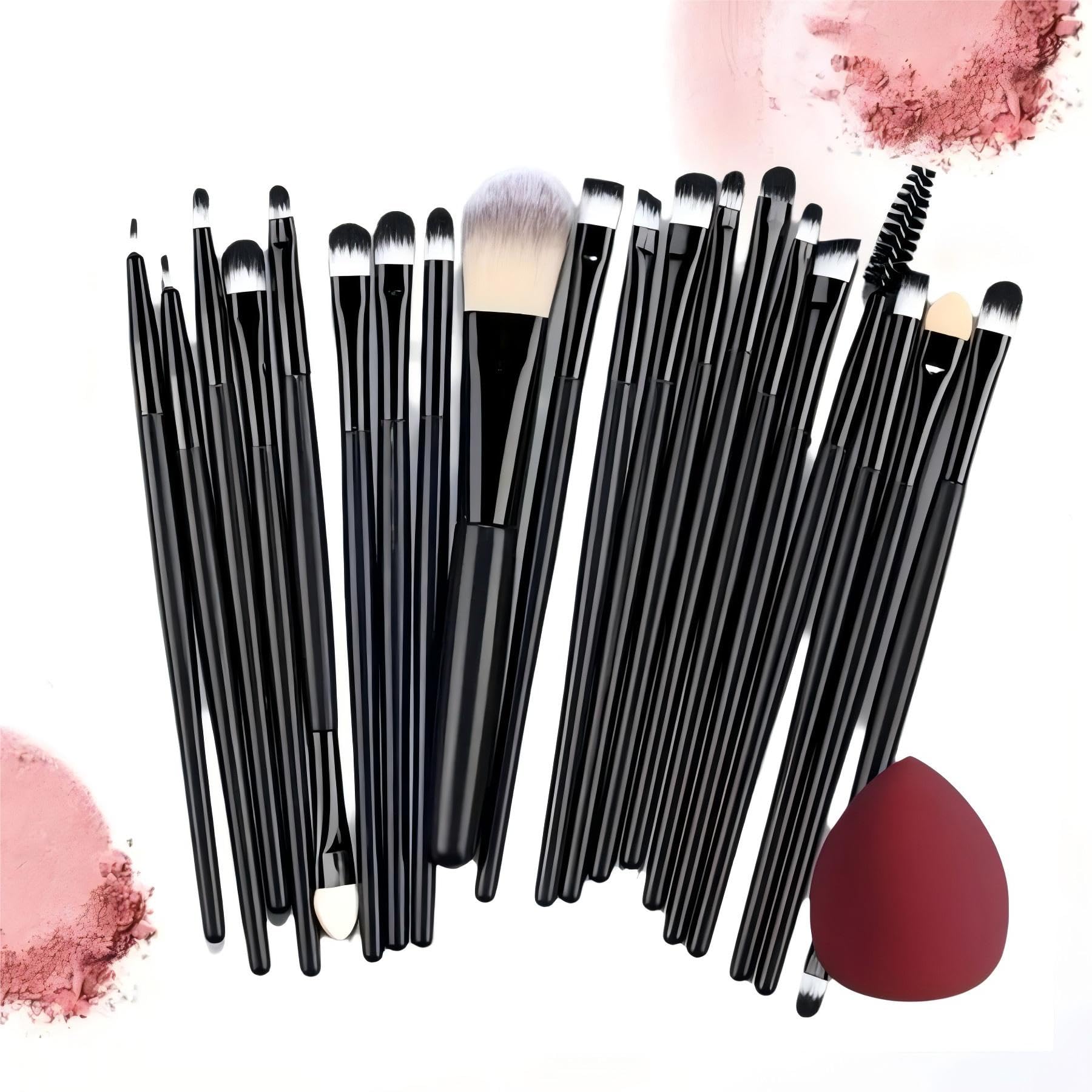 Juego de 20 brochas de maquillaje profesional + esponja de belleza, cerdas sintéticas ultra suaves para base, sombra de ojos, delineador de ojos, rubor y polvo, kit de brochas cosméticas para rostro y