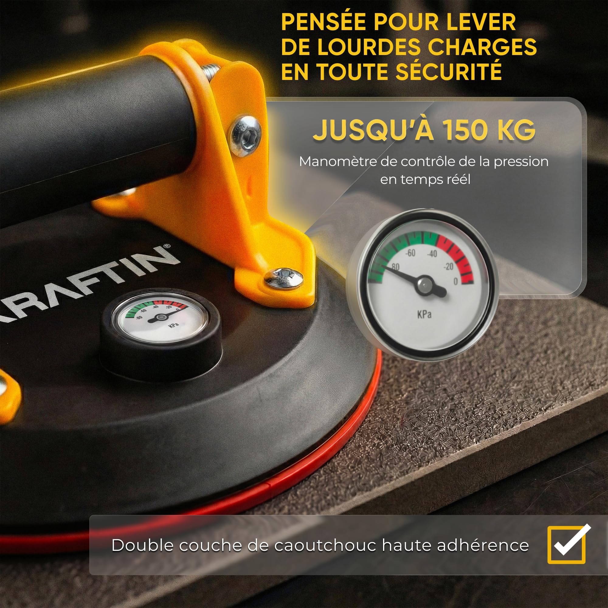 Ventouse Carrelage à Pompe Ø20 cm – Poignée avec Grip Caoutchouc Anti-Glisse, Niveau à Bulle et Manomètre – Haute Adhérence 150 kg pour Carreaux Grand Format, Cérame, Marbre, Verre et Granit