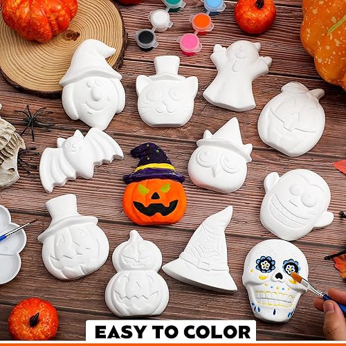 Miniatura 3 de Leyndo Juego de 12 piezas de cerámica de Halloween para pintar DIY kits de pintura con calabaza sin pintar, cráneo, murciélago, sombrero de bruja