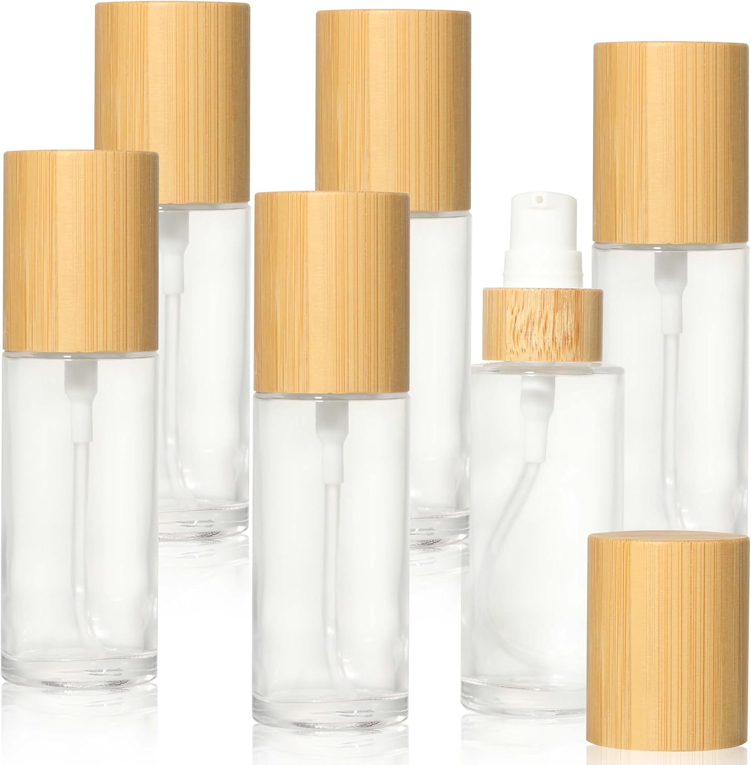 COSIDEA 6 pcs Empty 1.67oz / 50ml bamboo lids Clear glass bottle with lotion pump dispenser, refillable emulsion cosmetic cream Serum bottles, toiletries refill travel container