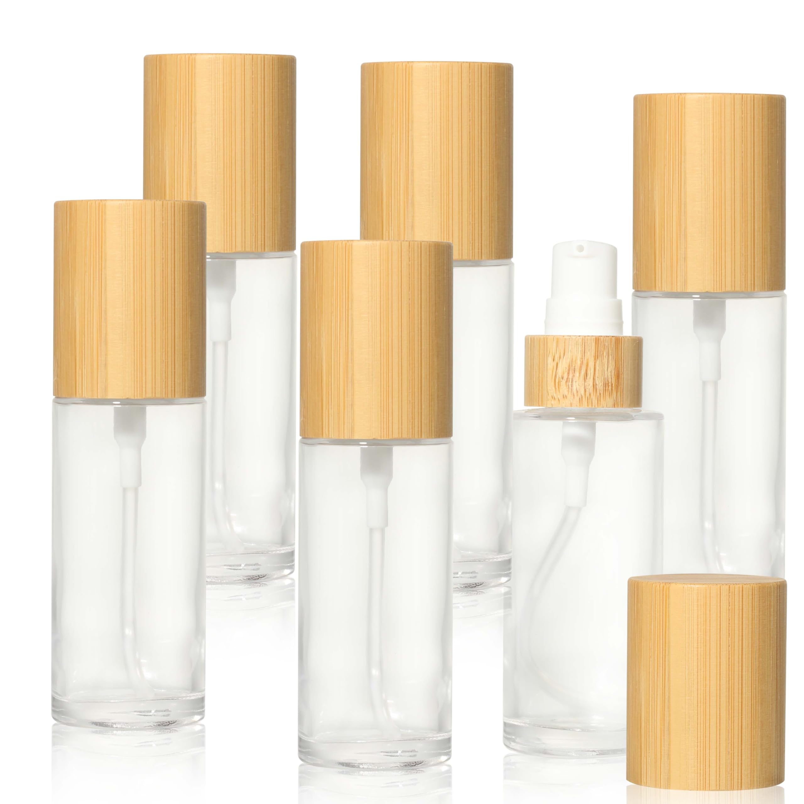 COSIDEA 6 pcs Empty 1.67oz / 50ml bamboo lids Clear glass bottle with lotion pump dispenser, refillable emulsion cosmetic cream Serum bottles,
