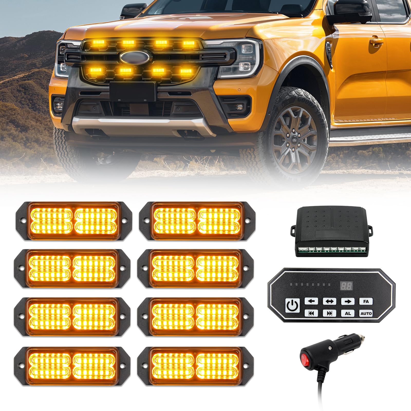 Luces estroboscópicas LED ámbar con interruptor de 9 teclas, luz LED intermitente de 24 V 12 V para vehículos, luces estroboscópicas de emergencia de advertencia de coche, barras de luz ámbar