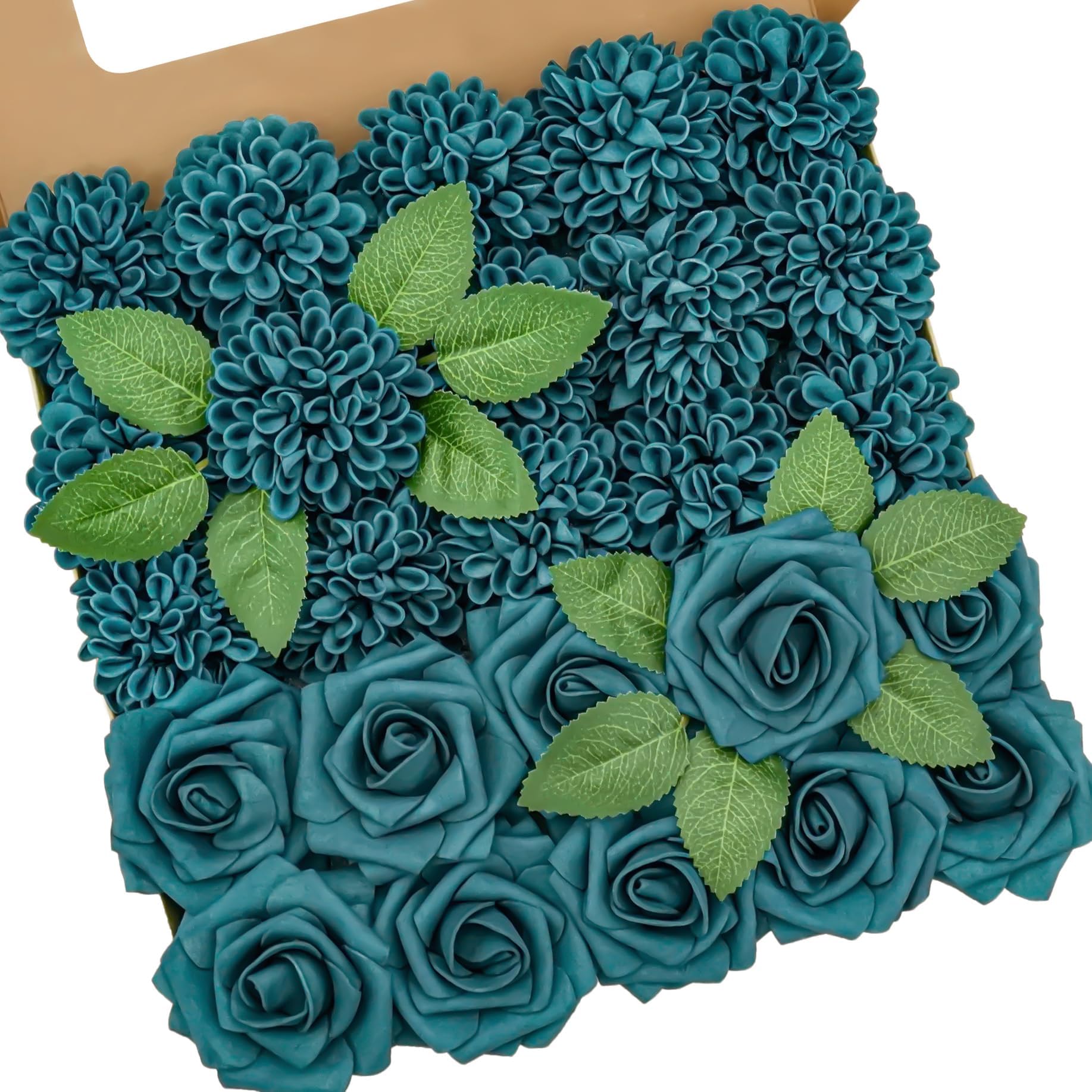 Artificial Flowers, 25pcs Dark Teal Fake Rose and Dahlia for Wedding — image 1
