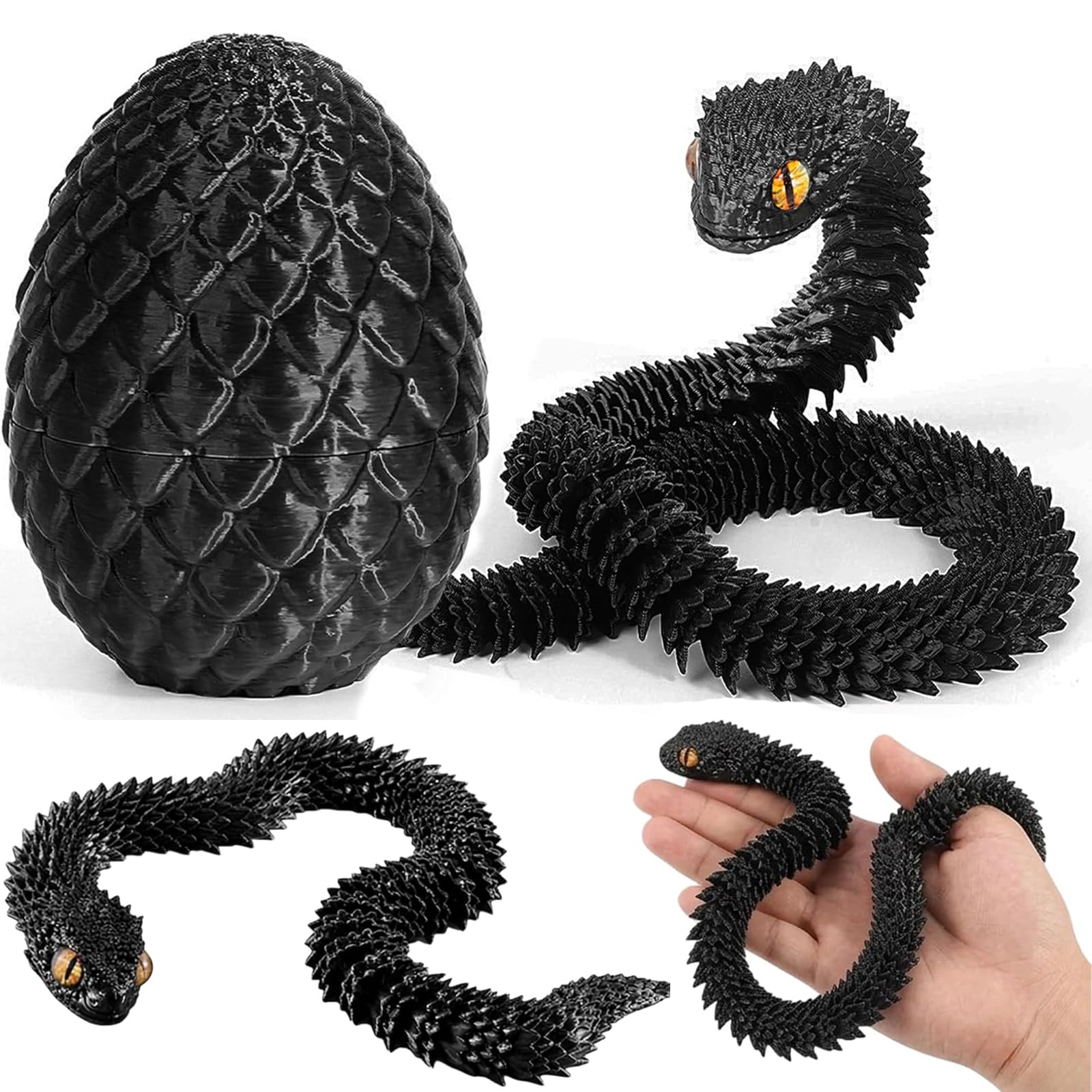 3D Printed Snake, Sensory Fidget Toy for Stress Relief, Decorative Silk Black Snake with Egg, Fantasy Collectible for ADHD Autism Support and Office Home Display