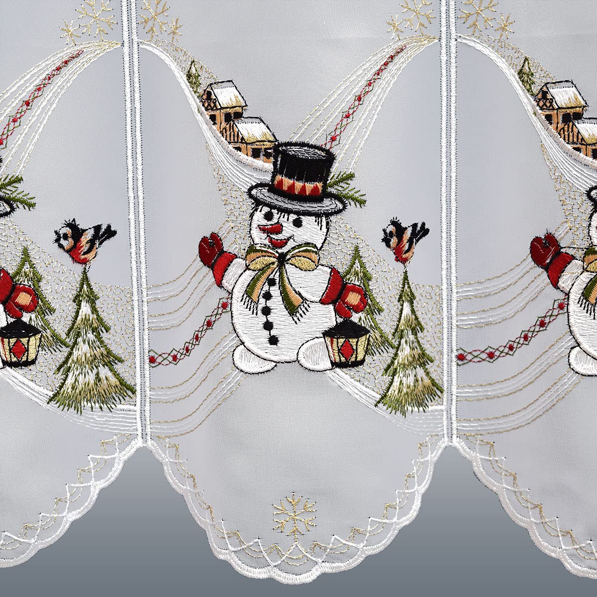 Bestickte Scheibengardine Fröhlicher Schneemann mit Vögelchen Winter- und Weihnachtsdeko aus Plauener Spitze 40 x 144 cm