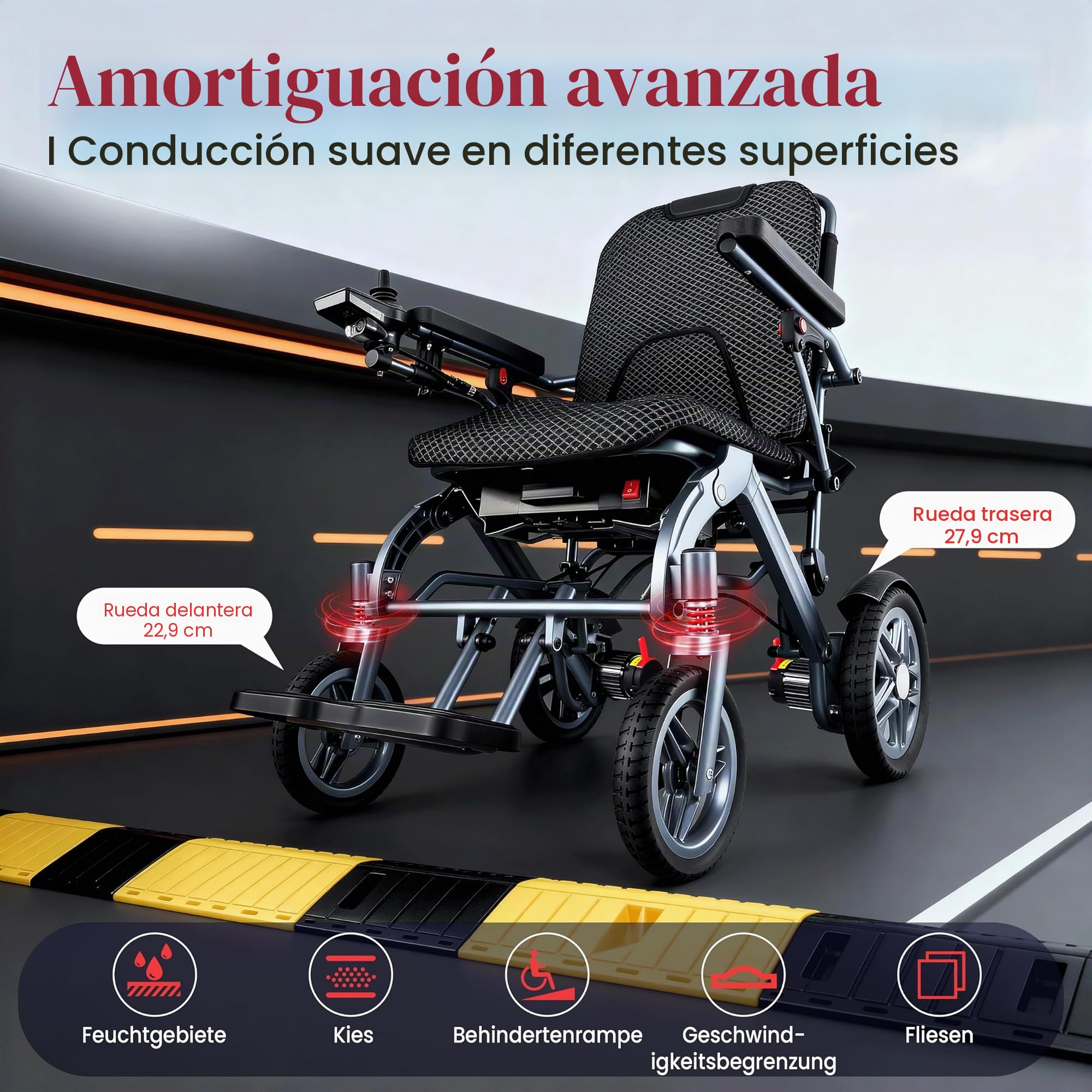 Silla de ruedas eléctrica plegable con batería doble, ligera, 48KM, con neumáticos de goma para todo terreno, iluminación frontal y trasera, aprobada para aviones