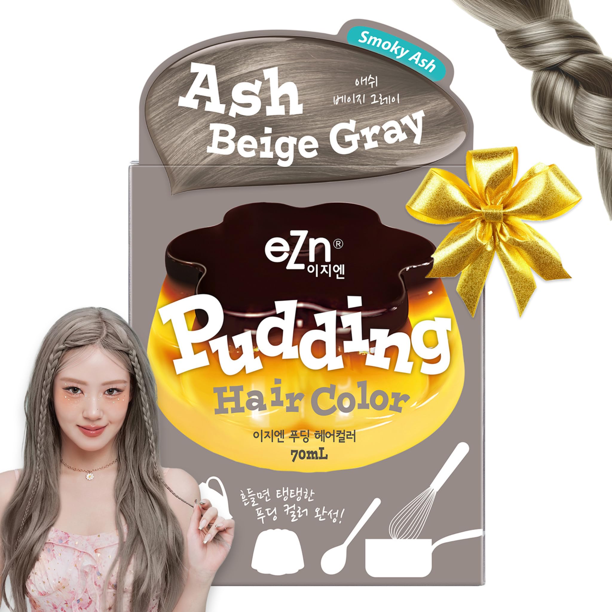 eZn Pudding Hair Dye, Ammonia-Free, Semi-Permanent DIY Korean Hair Dye Color with Keratin, Odorless Gentle for Sensitive Skin No Skin Irritation (Ash Beige Gray)