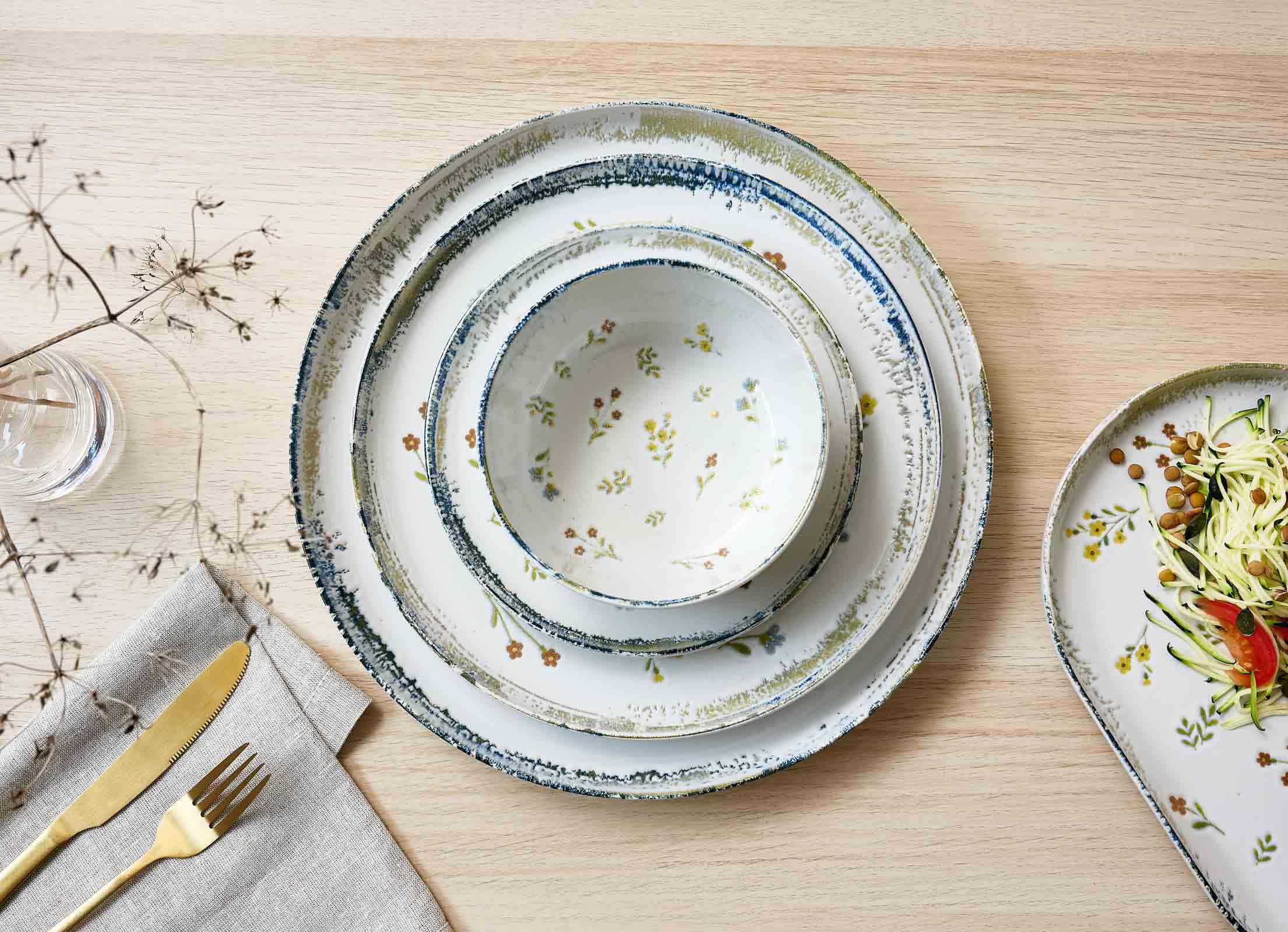 Ritzenhoff & Breker Müslischalen Viola 6er Set, Ø 14.5 cm, Schalen mit Millefleur-Dekor und verwitterten Kanten, Steinzeug, Spülmaschinen- & Mikrowellenfest, Bunt
