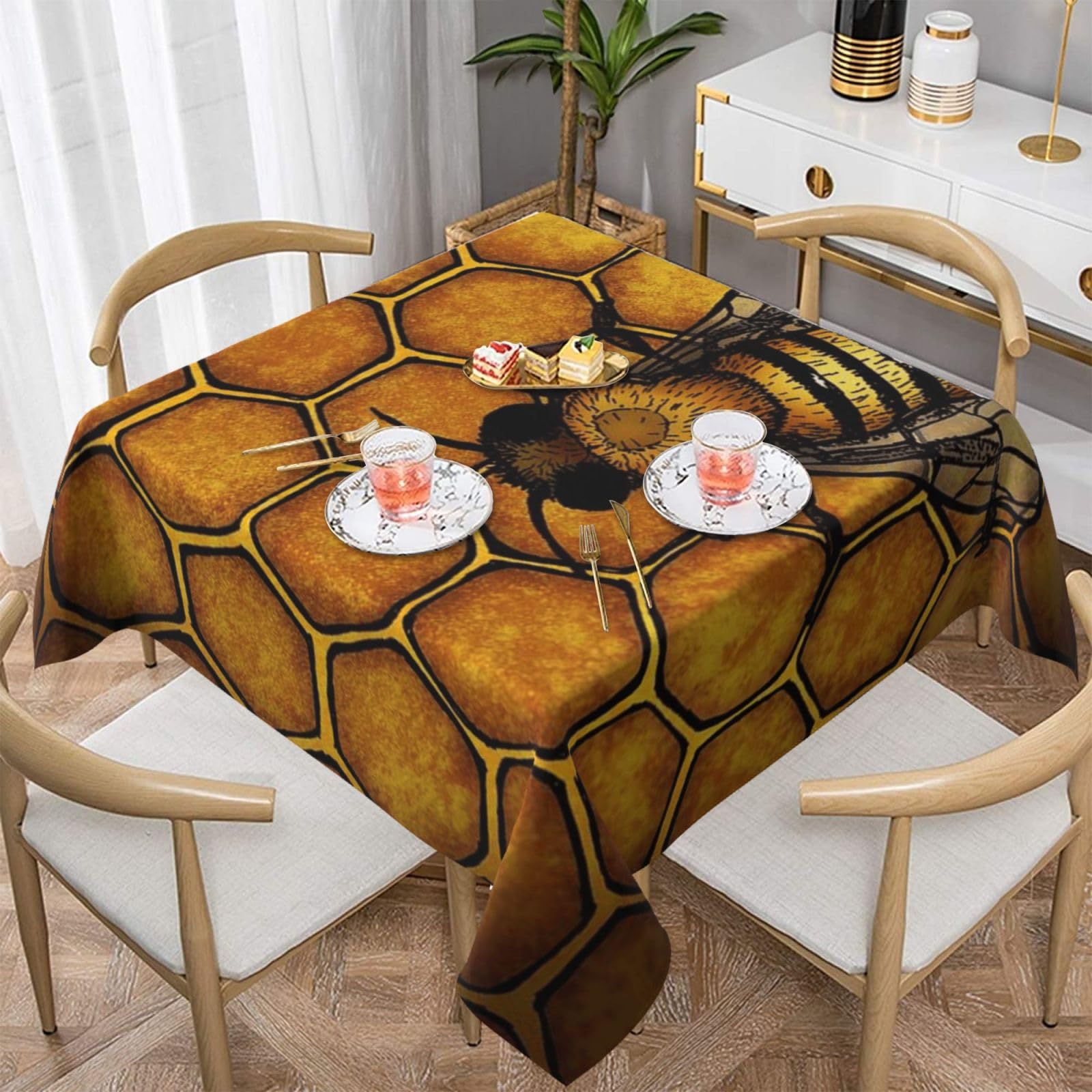 DCEHGEW Bee Honeybee Prints Square Tablecloth 137x137 CM, Waterproof Fabric Table Cloth for Dining Table, Farmhouse Table Cover for Kitchen Dining Tabletop Decoration