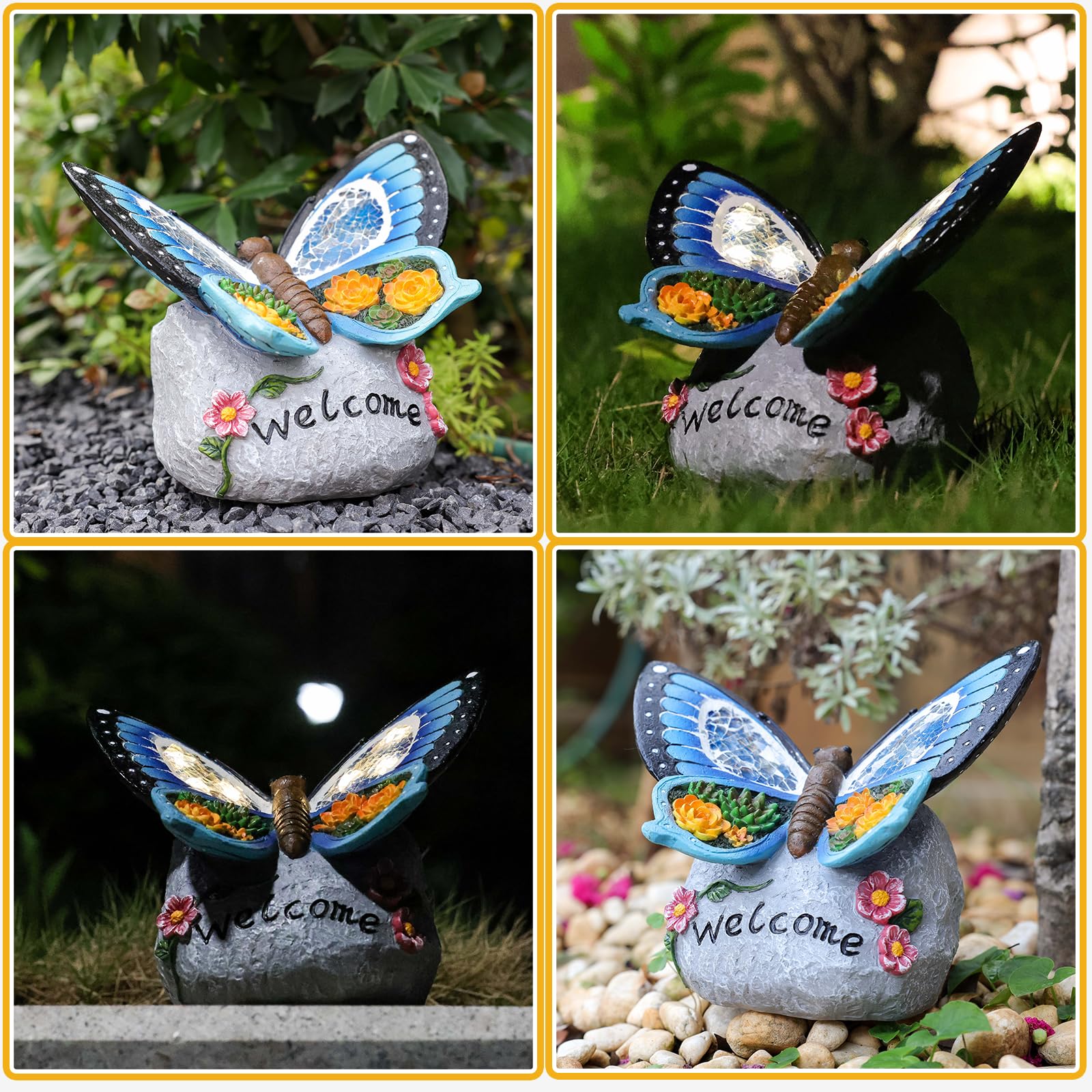Linkax Figurines Solaires De Jardin Papillons Avec LED - Décoration Extérieure Résine IP44 - Cadeau Femme, Maman, Pâques, Anniversaire