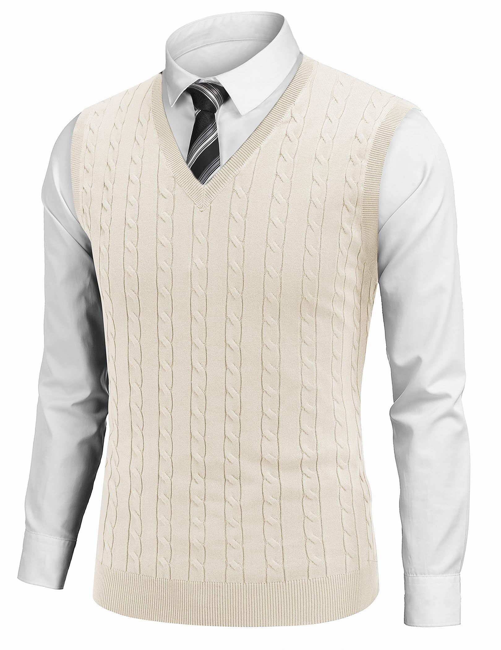 COOFANDY Men's Sweater Vest Cable Knitted V Neck Slim Fit Sleeveless Pullover Sweater