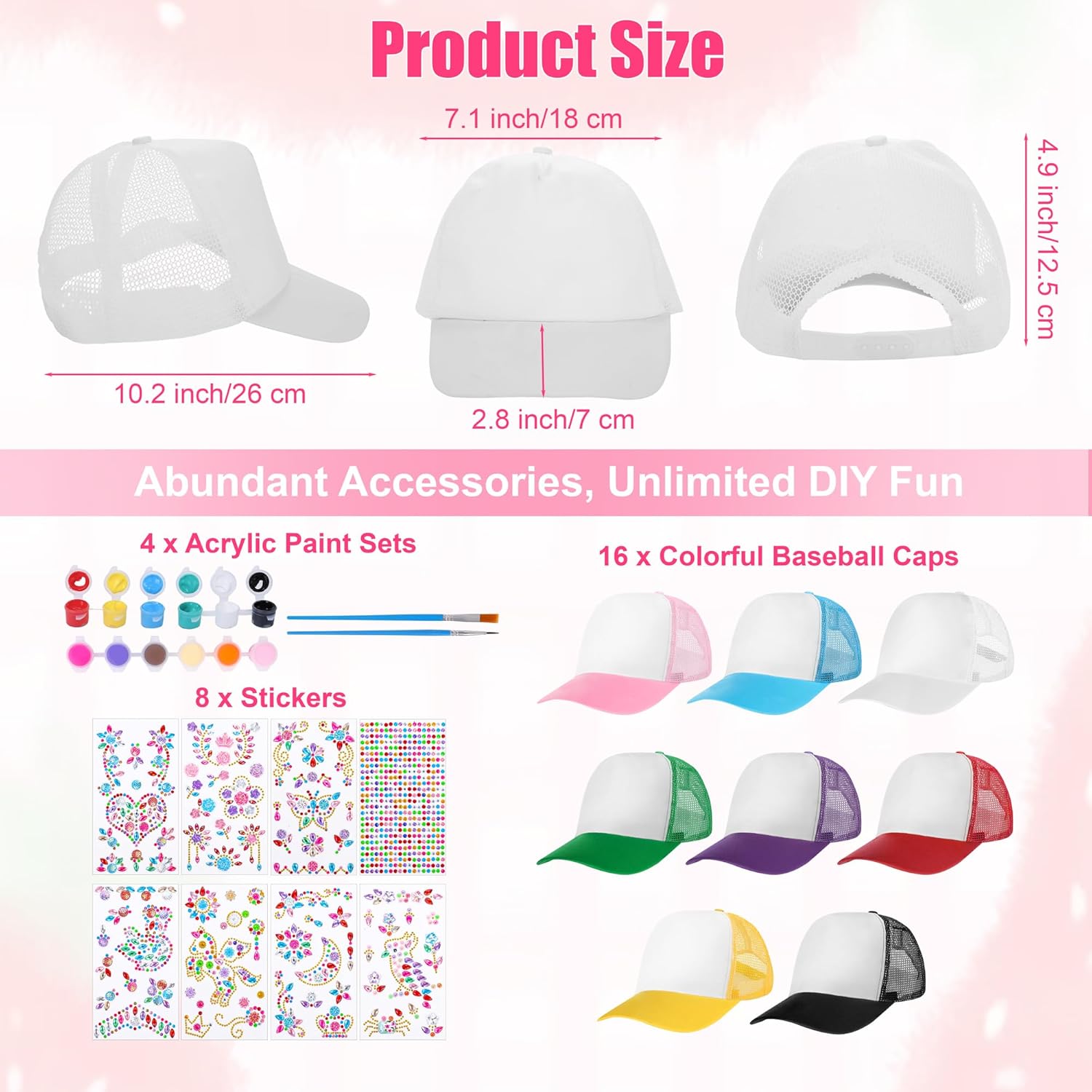 Aneco 32 Packs DIY Baseball Caps Hats, Adjustable Sport Ball Caps, Multicolor Creative Painting Baseball Cap with Acrylic Paint Strips and Brushes, Stickers for Outdoor Sports, Camp, Summer, Birthday - Image 2