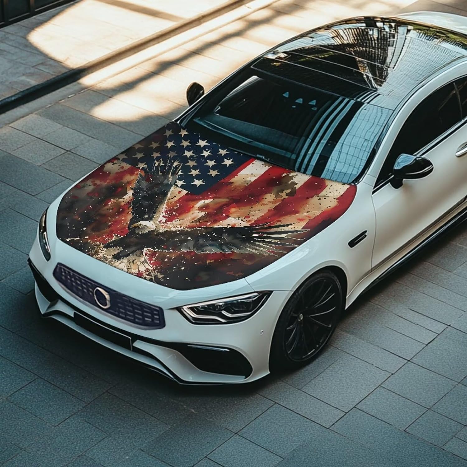 Howilath Hood Covers for Cars Car Hood Cover for Car Vehicles Decorate Accessories Polyester Universal Fit Auto Protector for Most Sedans, Eagle American Flag