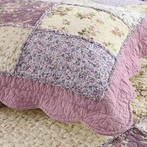 Miniatura 7 de ABREEZE Juego de edredón acolchado de algodón con diseño de retazos florales de rosas moradas, juego de colcha rústica de 3 piezas