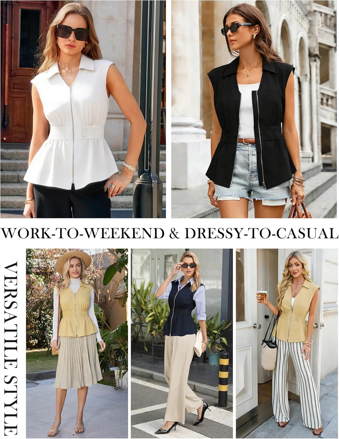 GRACE KARIN Womens Peplum Tops Business Casual,Dressy Work Blouses Short Sleeve,Zipper V Neck Shirts Cinched Smocked Waist - Image 2