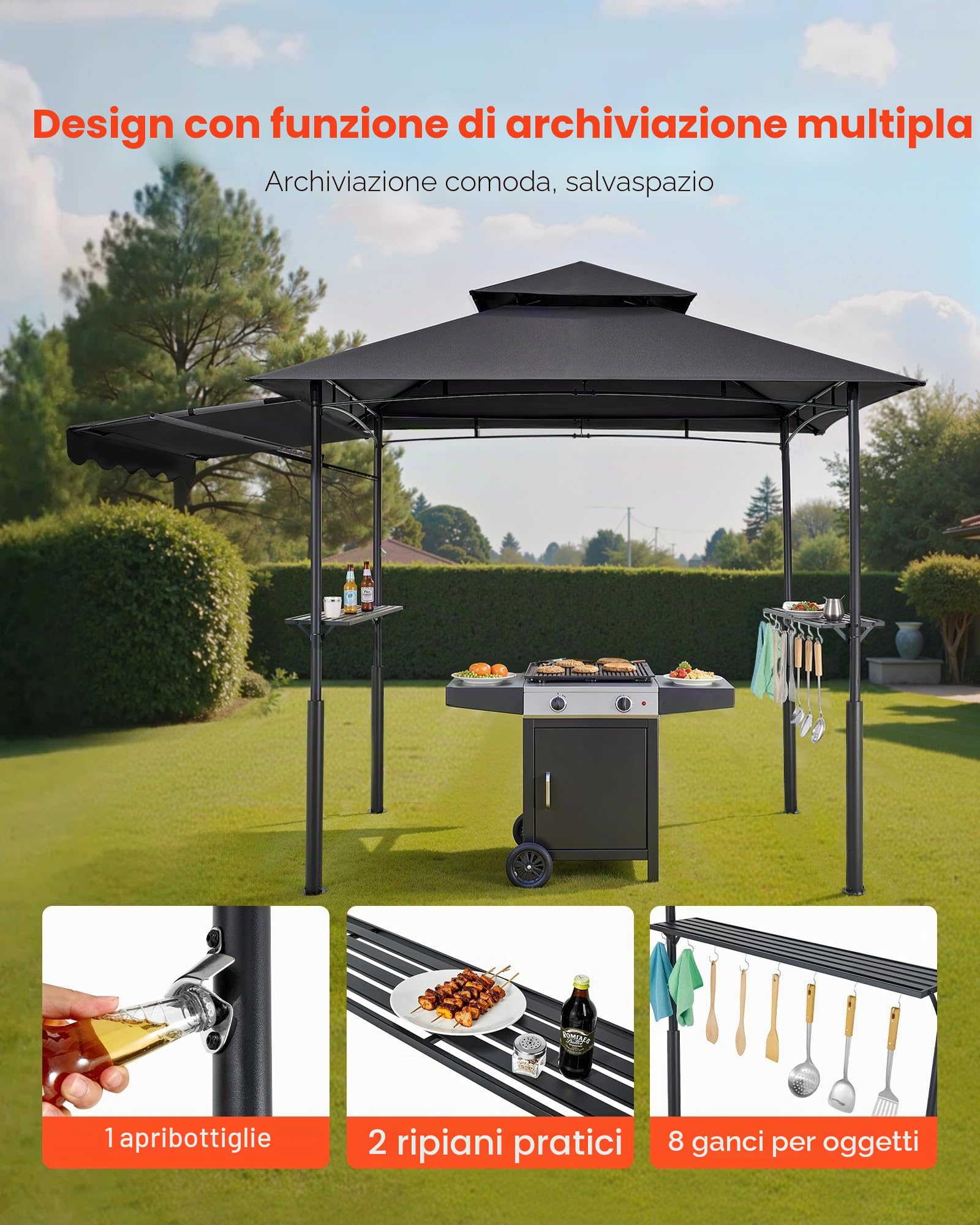 VEVOR Gazebo per Barbecue 243 x 150 cm, Gazebo per Barbecue da Esterno con Tetto Tettoia Parasole, Copertura per Barbecue da Giardino in Acciaio Verniciato a Polvere, per Grigliate, Feste, Picnic