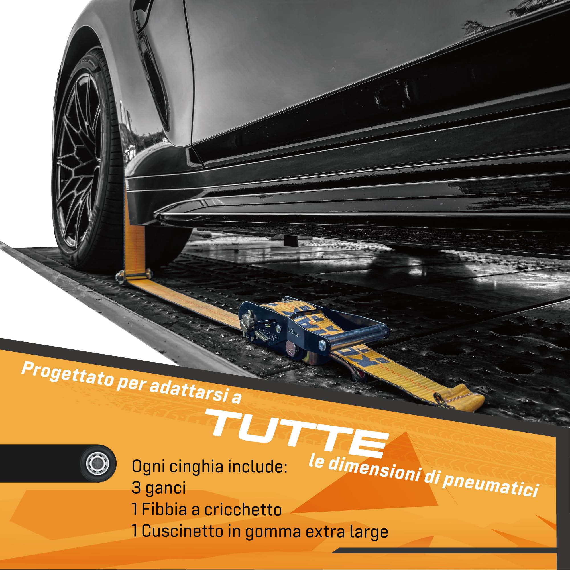 4 Cinghie per Ruote 50mm x 2.5m | Cinghia a Cricchetto 5000kg per Trasporto Veicoli | Con Cuscinetti Anti-Scorrimiento e Ganci Girevoli 360° | Certificato TÜV/GS e secondo DIN EN 12195-2