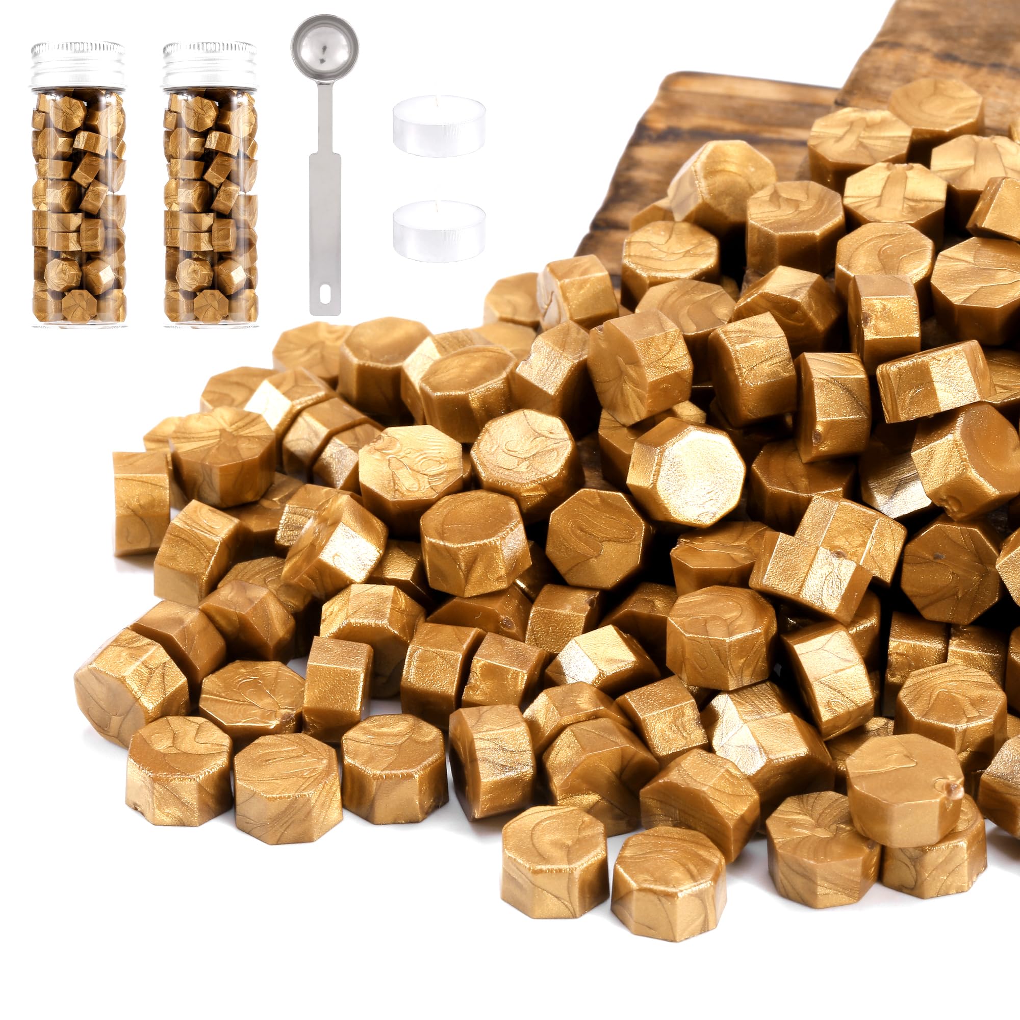 Yoption Cuentas metálicas de cera de sellado de oro antiguo, kit de 150 cuentas de sello de cera para sello de cera, cuentas de sello de cera octogonal con una cuchara de sellado de cera y 2 velas de