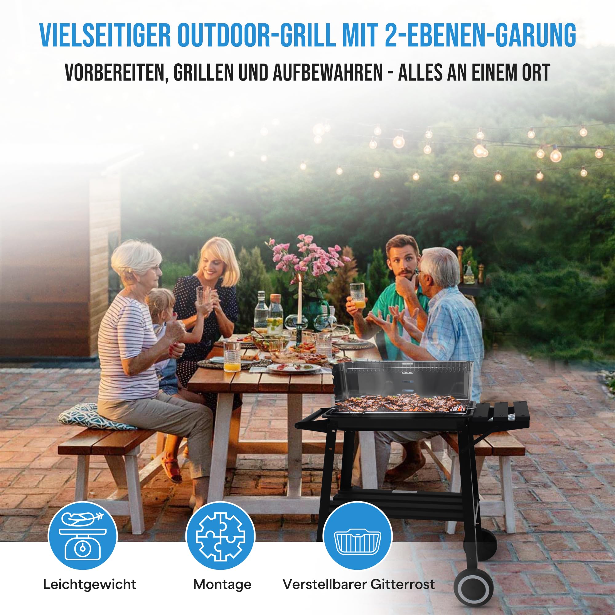 Holzkohlegrill edelstahl auf rollen,Säulengrill,BBQ-Grill,inkl 4-fach höhenverstellbarem Grillrost, Lüftungsregler,Aschekasten und Aschekasten, für Camping, Garten, Schwarz