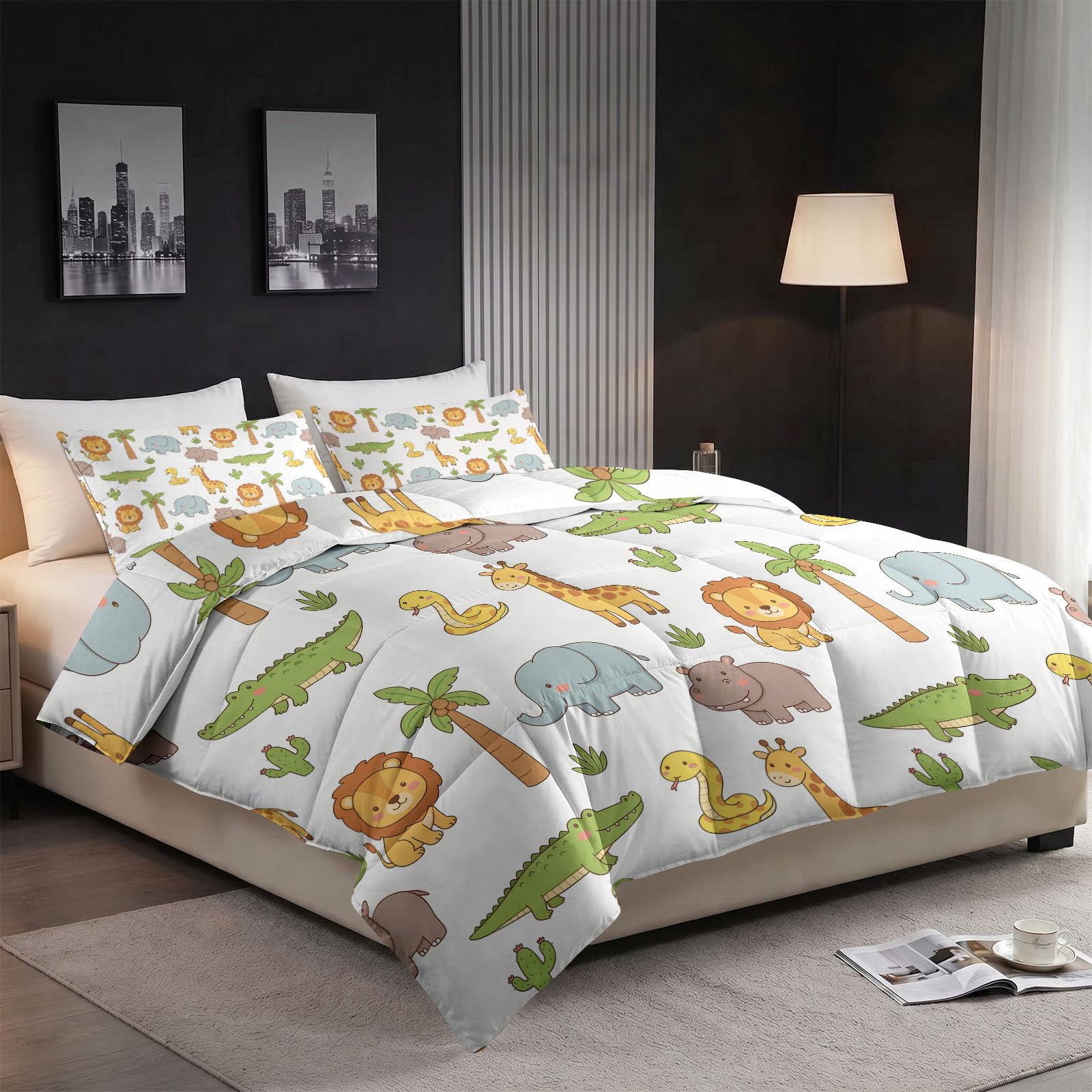 Lindo edredón de la selva para las 4 estaciones, 200 x 200 cm, suave y lavable, transpirable, edredón sin funda con dibujos animados de animales del bosque, león, elefante, reversible, crema de verano