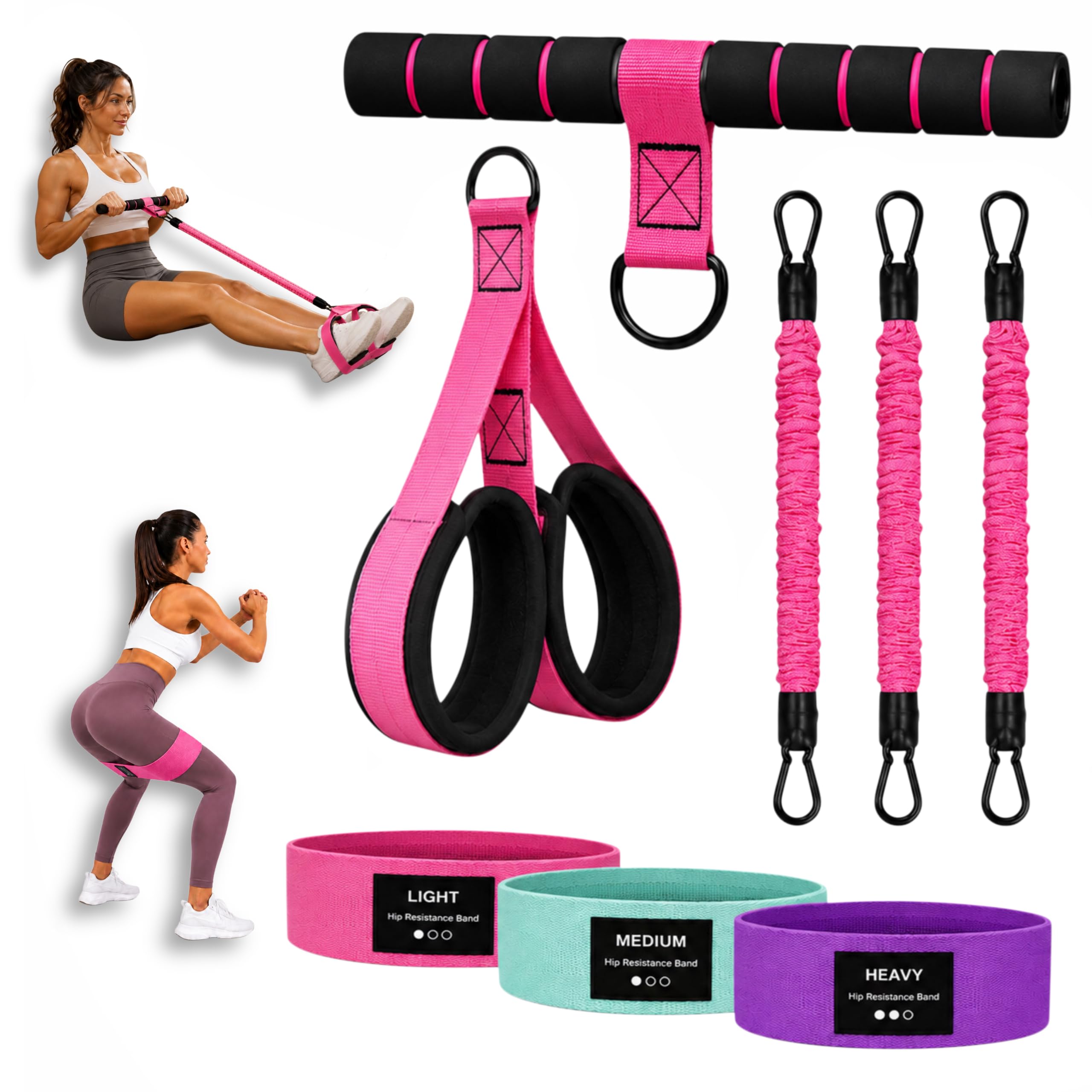 upgraded Pedal Resistance Band with Handle, full body workouts, Resistance bands set for upper and lower body strengthening, Glute training resisatance bands for legs and glutes, Pink