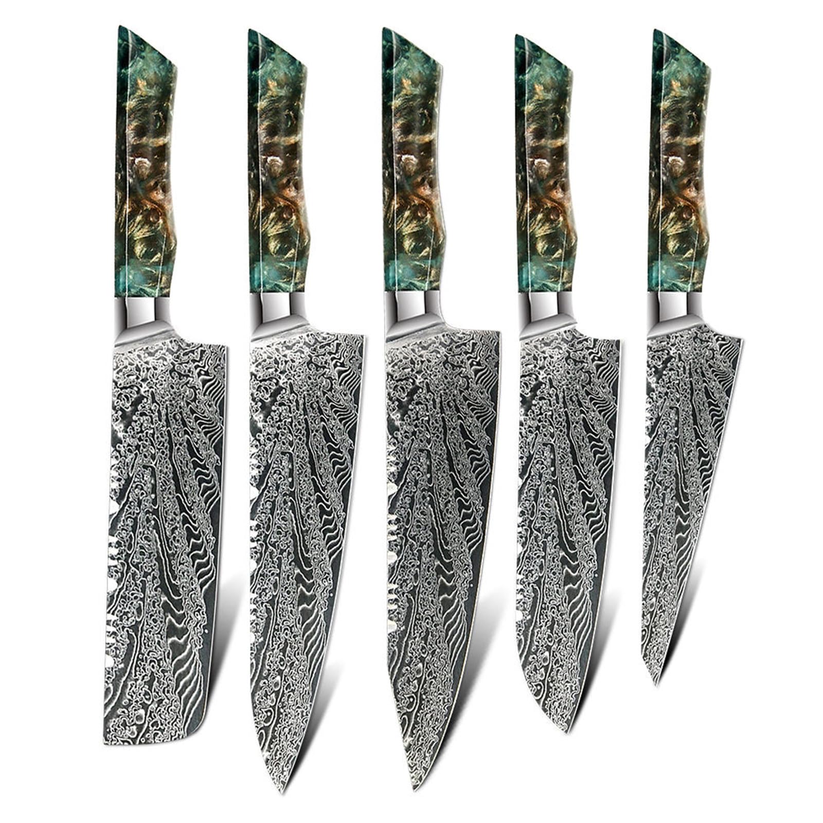 Damascus Kitchen Utensils Set of 5 Knife Set 67 Layers VG-10 Steel with Resin Wood Handles Restaurant Daily