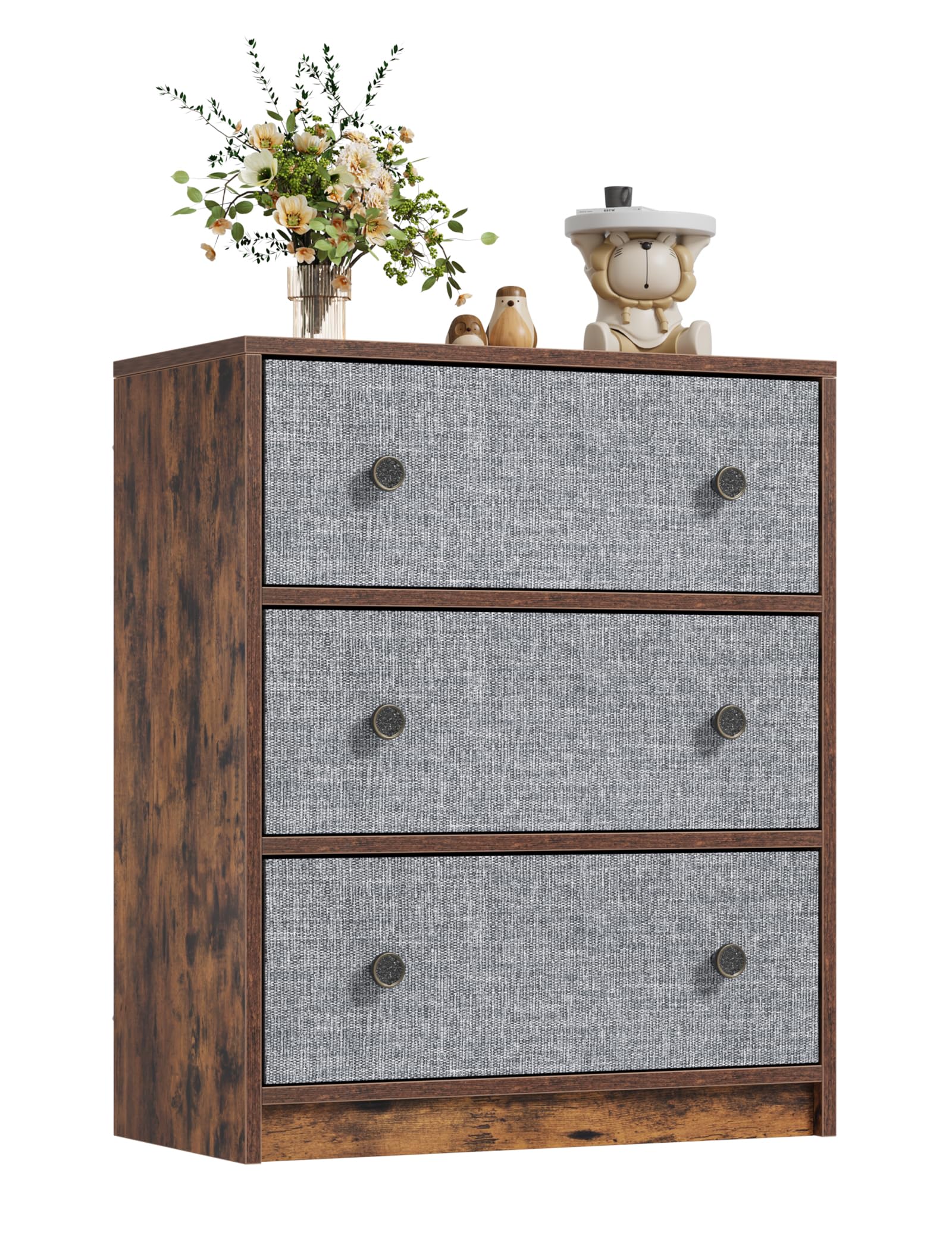 Nicehill 3 Drawer Dresser, Nightstand for Bedroom with Drawers, Small Dresser Bedside Table Chest of Drawers for Bedroom, Hallway, Entryway, Closets,Kids' Room(Gray and Rustic Brown)