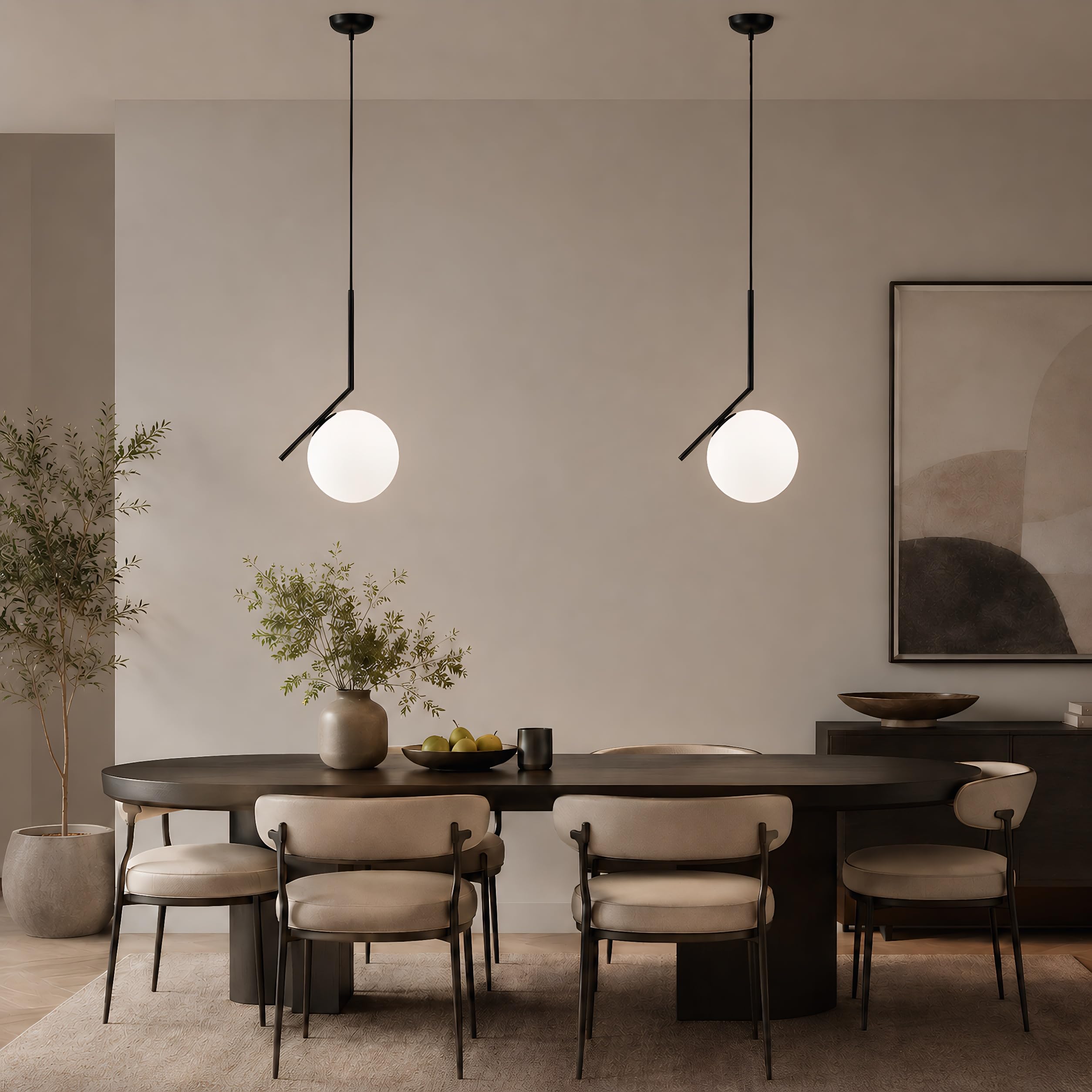 Lampada a sospensione asimmetrica in vetro, Lampada E27, Globo in vetro opalino, Asta in ferro nera, Cavo regolabile da 120cm per cucina, sala da pranzo, camera, caffetteria (30CM)