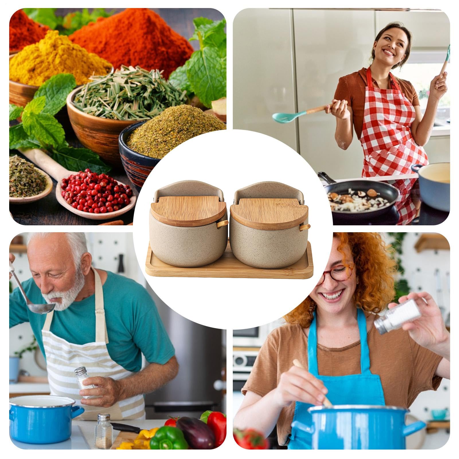 Generico - Saliera Con Coperchio, 2x Portasale In Ceramica Con Cucchiaio E Coperchio In Legno - Scatola Per Condimenti, Barattolo Per Condimenti Da Cucina Per Bancone Per Barbecue Da Picnic