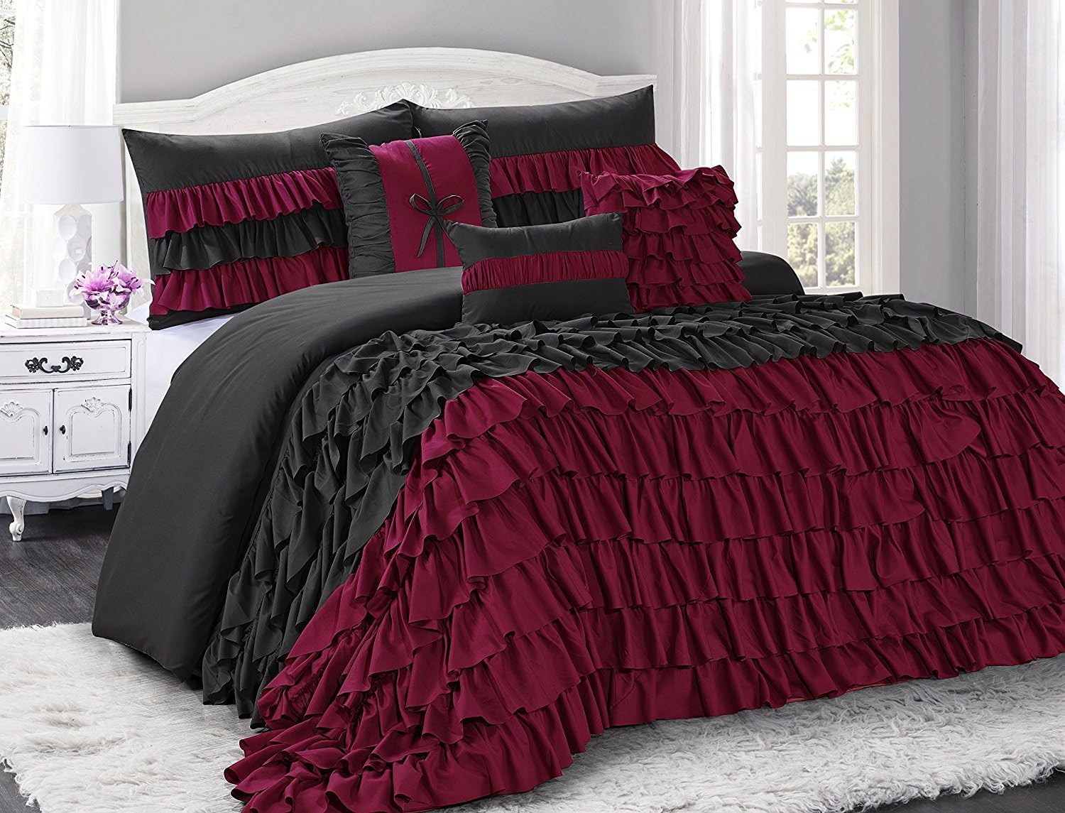 BEDnLINENS 7 Piece Comforter Set King-Burgundy and Black Microfiber Several Ruffles-BRISE Bed in A Bag -Soft, Fade Resistant-1 Comforter,2 Shams,3 Decorative Pillows,1 Bedskirt
