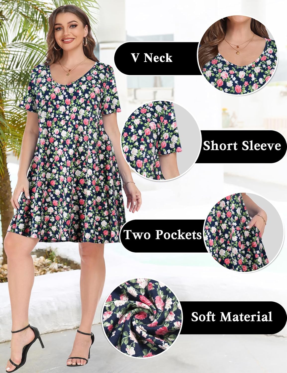 MONNURO Women's Casual Summer T Shirt Plus Size Dress Loose Short Sleeve V Neck Tunic Dress with Pocket - Image 4