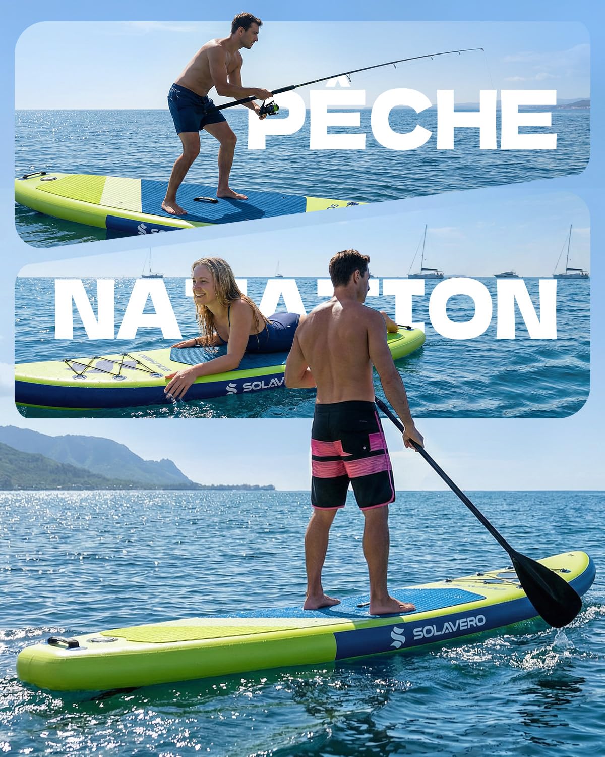 SOLAVERO Paddle Gonflable Adulte 323 x 83 x 15 cm Stand Up Paddle avec Pont EVA Antidérapant, Pagaie Réglable, 3 Aileron, Jusqu'à 200 kg