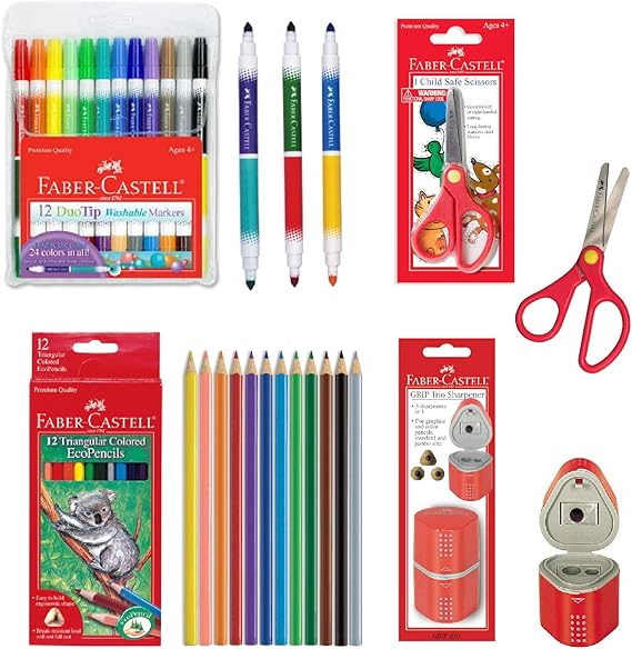 A collection of high-quality Faber Castell art supplies, including colored pencils and markers.