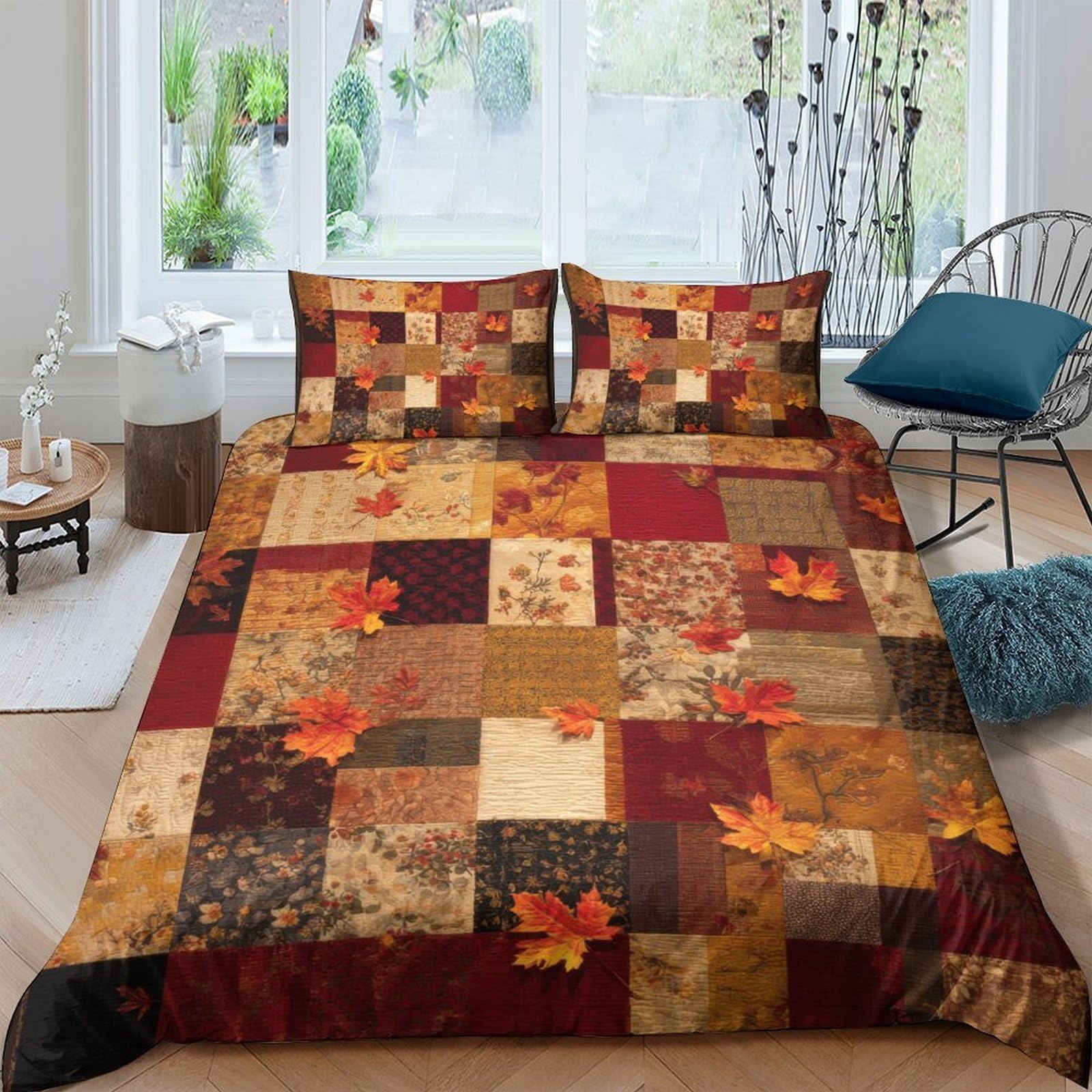 GPLZQXKJNH 3D Printed Autumn Leaves Patchwork Duvet Cover Microfiber Soft Breathable Bedding Set with 2 Pillowcases for Bedroom Decor Single（135x200cm）