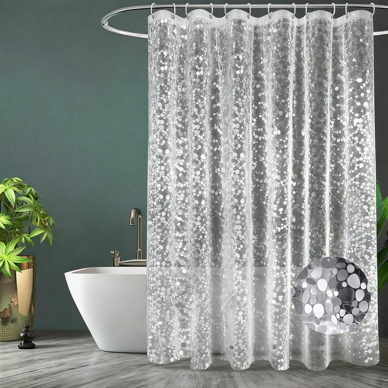 KuuKee Shower Curtains Mould Proof Resistant(180 x 200 cm),Washable Cobblestone Clear Shower Curtain,3D Effect Pebble Waterproof Heavy Duty Bathroom Curtains with 3 Magnets