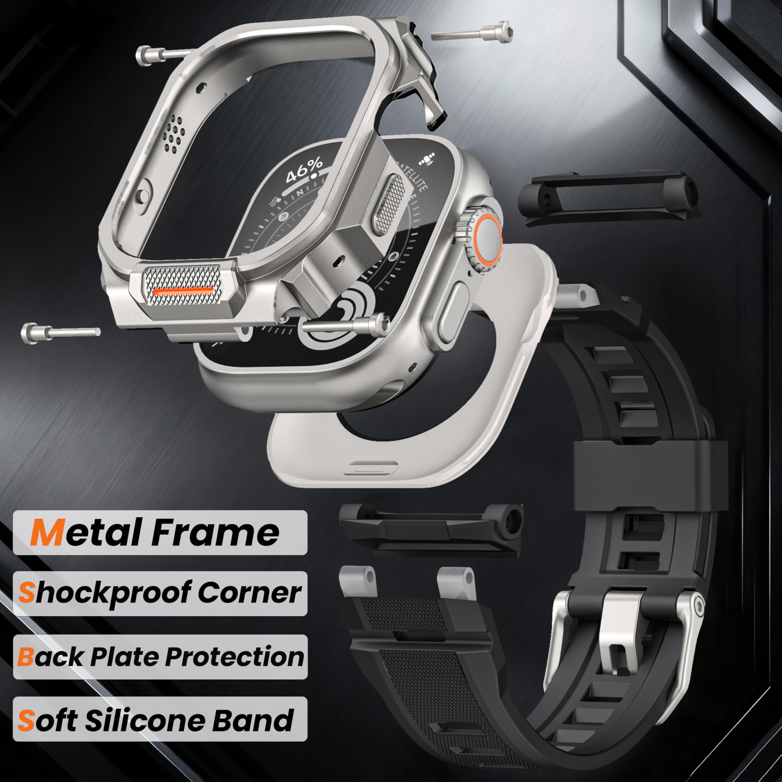 Coque de protection en métal compatible avec Apple Watch Ultra 3/2/1 49 mm - Design intégré avec bracelet sport en silicone - Boîtier de protection robuste résistant aux chocs - Pour iWatch