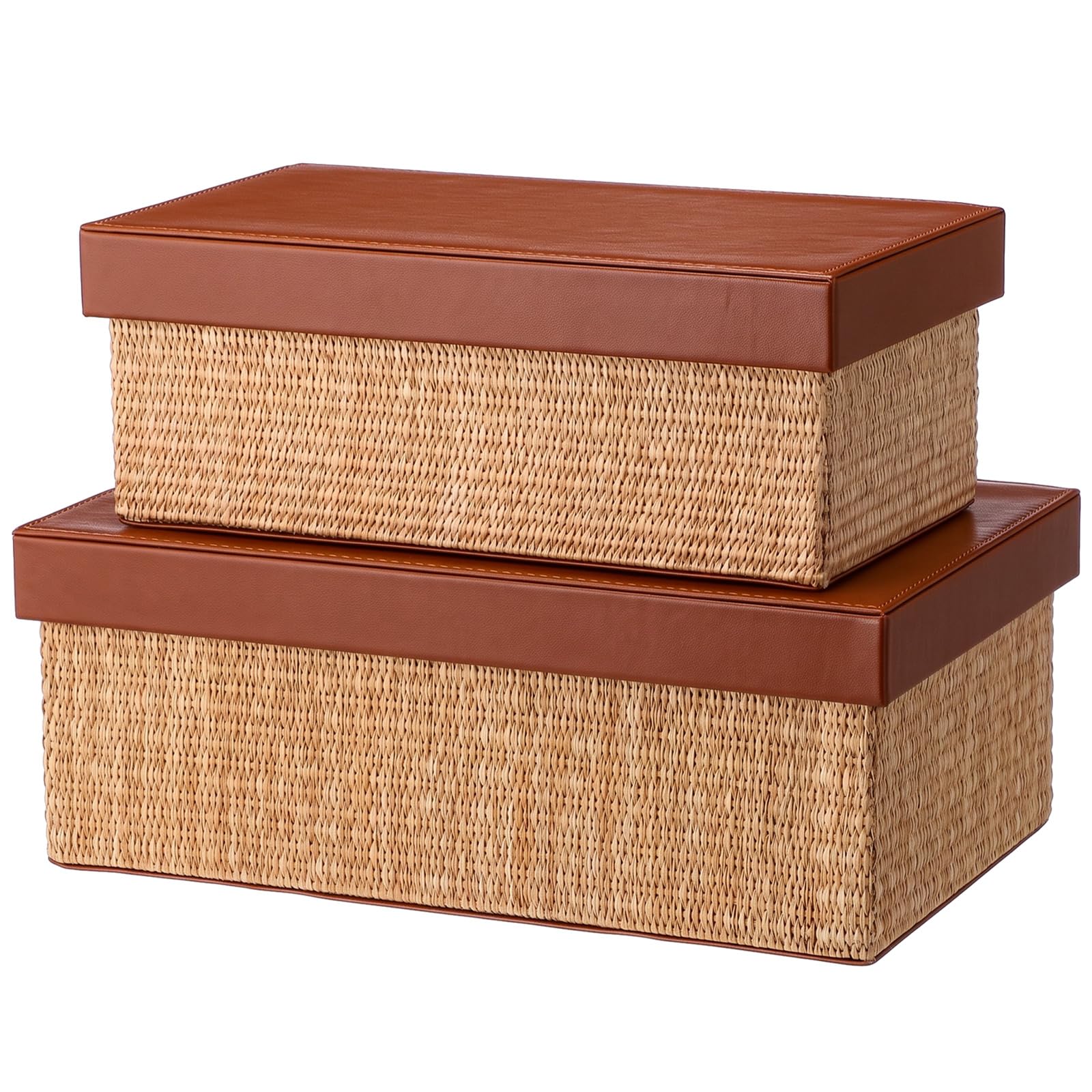 Yookeer 2 Pcs Woven Storage Basket Box with Faux Leather Lid, 2 Size