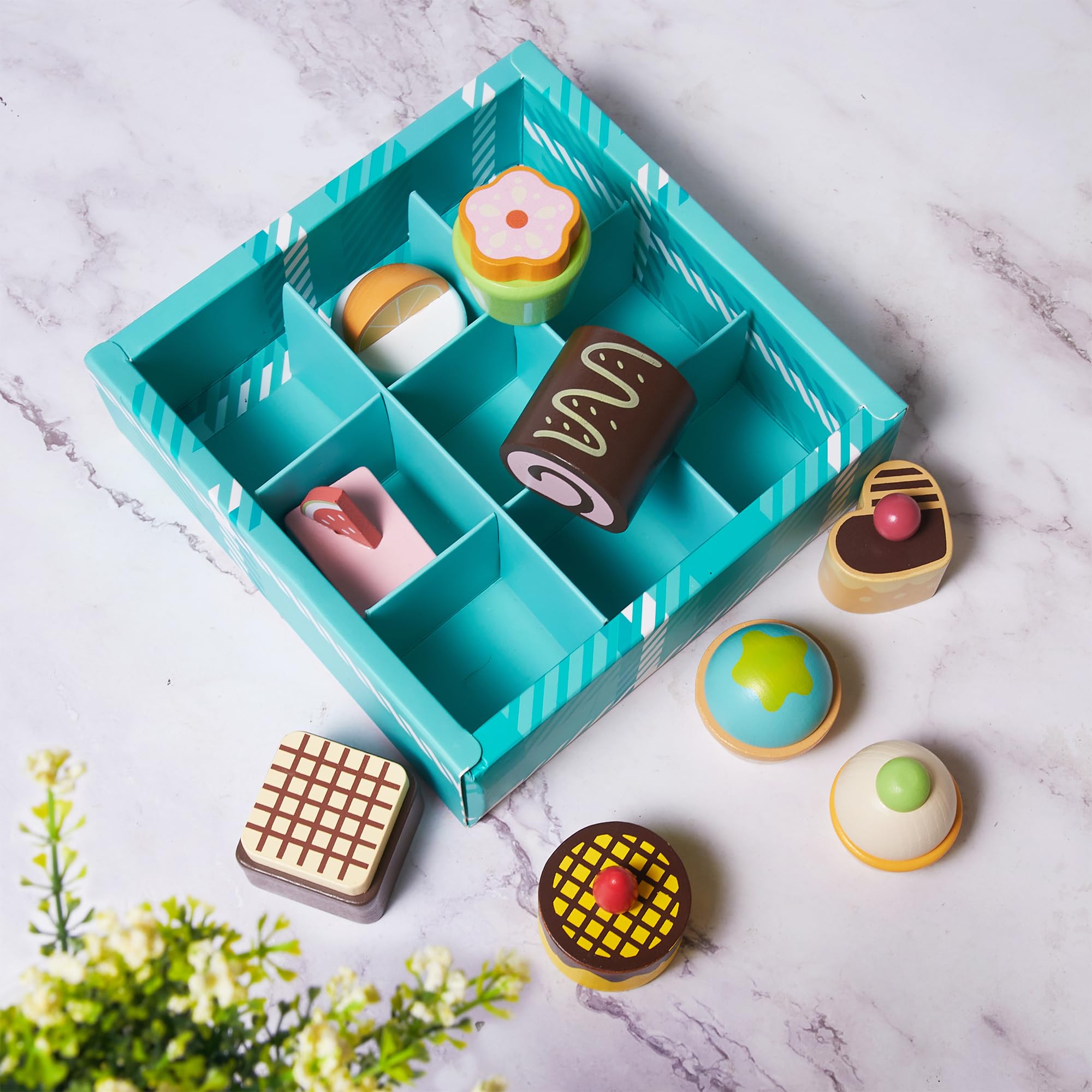 MONT PLEASANT 10pcs Wooden Dessert Set Toddler Pretend Play Toy Food, Sweets Playset with Muffin, Cupcake, Chocolate Cake & Roll, Kids Food Toys Play Kitchen Accessories Boys and Girls Birthday Gift