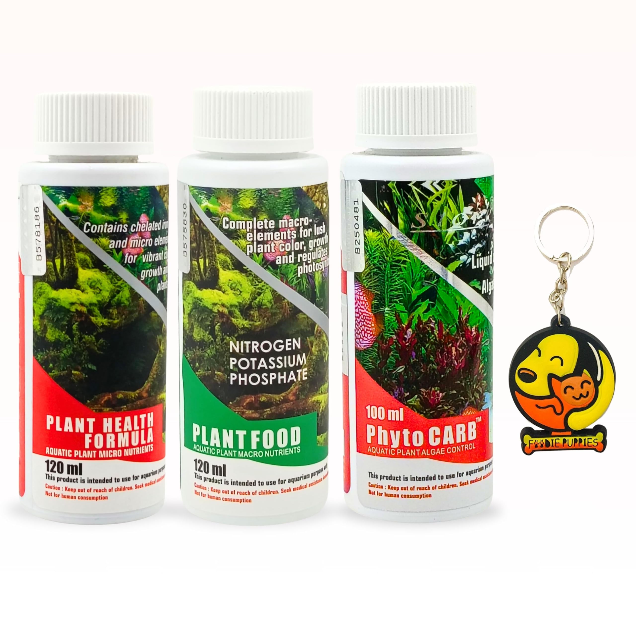 Foodie Puppies Aquatic Remedies 3-in-1 Aquarium Medicine Combo - (Plant Food + Health Formula 120ml Each and Phyto Carb Plus 100ml) | Plant Fertilizer for Planted Aquarium with Free Key Ring