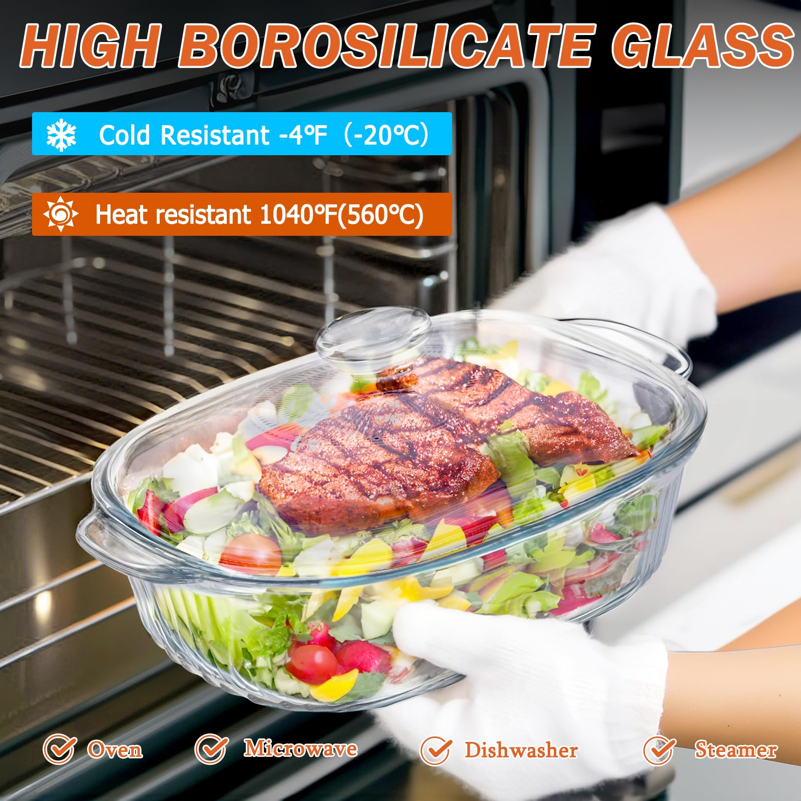 Reasim 2,8 l/3 Qt Glas-Kasserolle mit Deckel, große Ova-Glas-Kasserolle mit Glasdeckel, großer Glasbehälter mit Deckel, Glas-Rührschüssel, ofen-, gefrier- und mikrowellengeeignet, transparenter