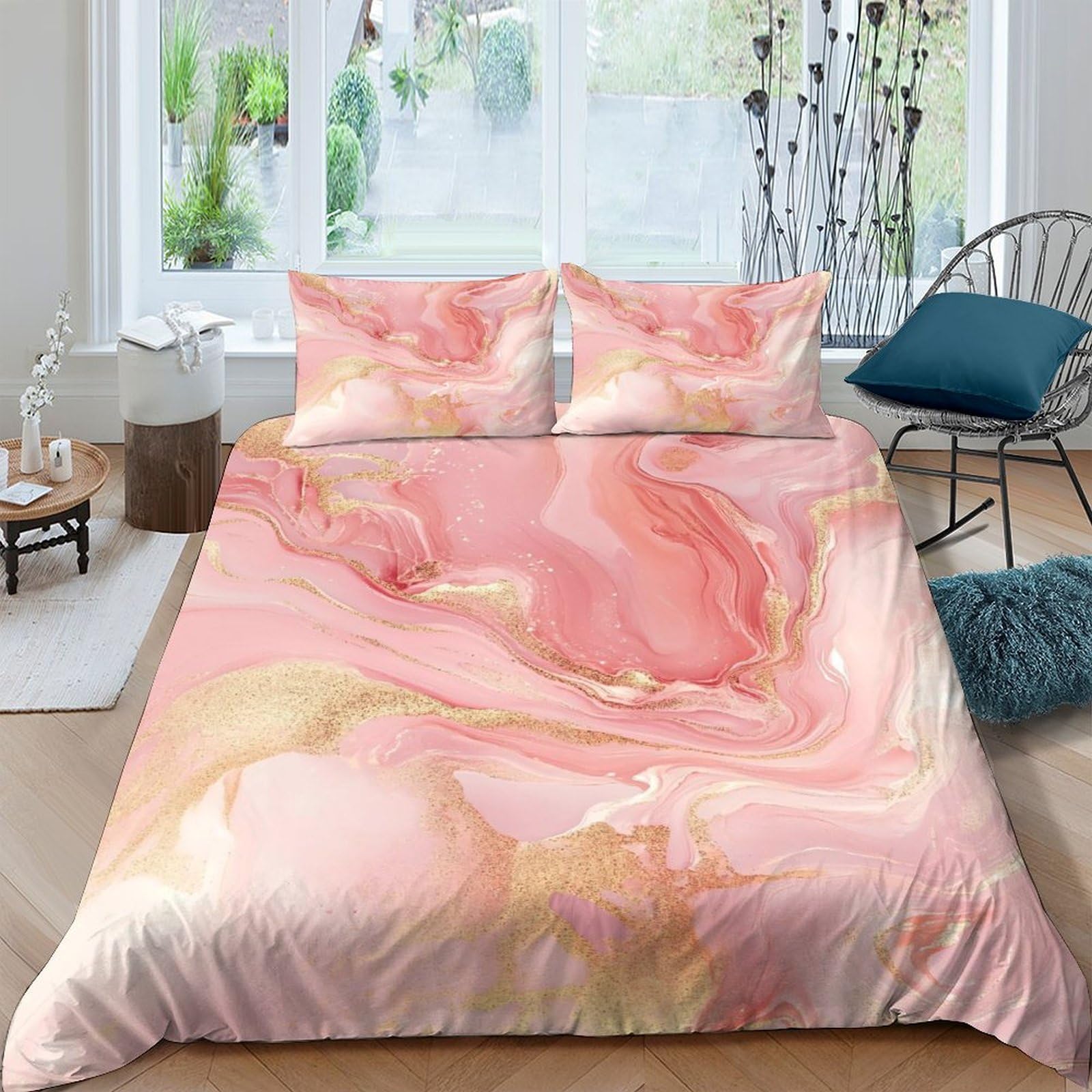TUFRTGYHN 3D Printed Pink Marble Duvet Cover Microfiber Soft Breathable Golden Swirl Bedding Set with 2 Pillowcases for Bedroom Home Single（135x200cm）