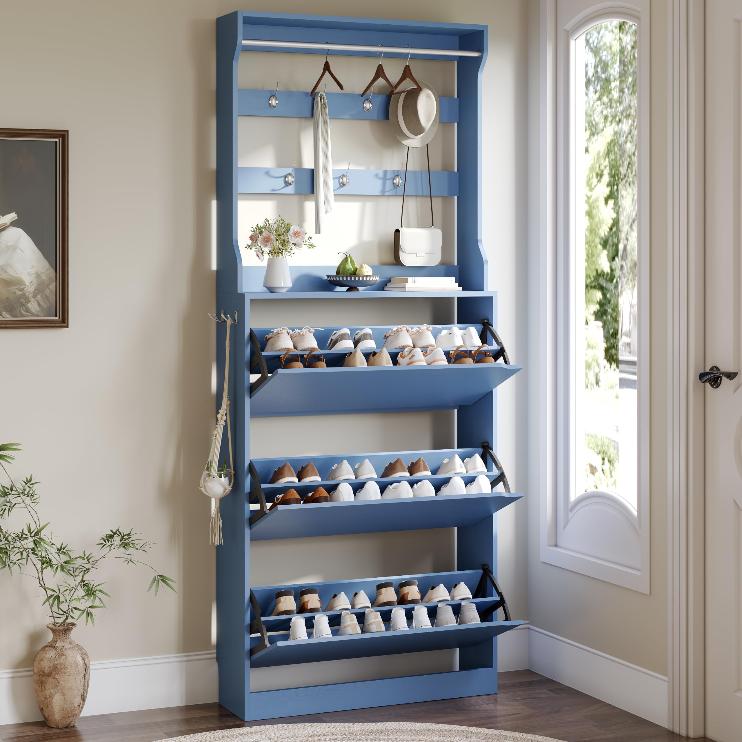 Shoe Cabinet for Entryway with 3 Flip Drawers, Blue Tall Shoe Storage Cabinet with Coat Rack, Wood Narrow Slim Hidden Freestanding Shoe Rack Organizer, 2 in 1 Hall Tree for Living Room, Hallway