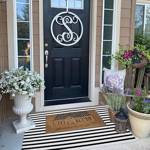 Miniatura 19 de CAINANEL Alfombra de exterior a rayas blancas y negras de 27.5 x 43 pulgadas, tapete de algodón tejido a mano para interiores y exteriores