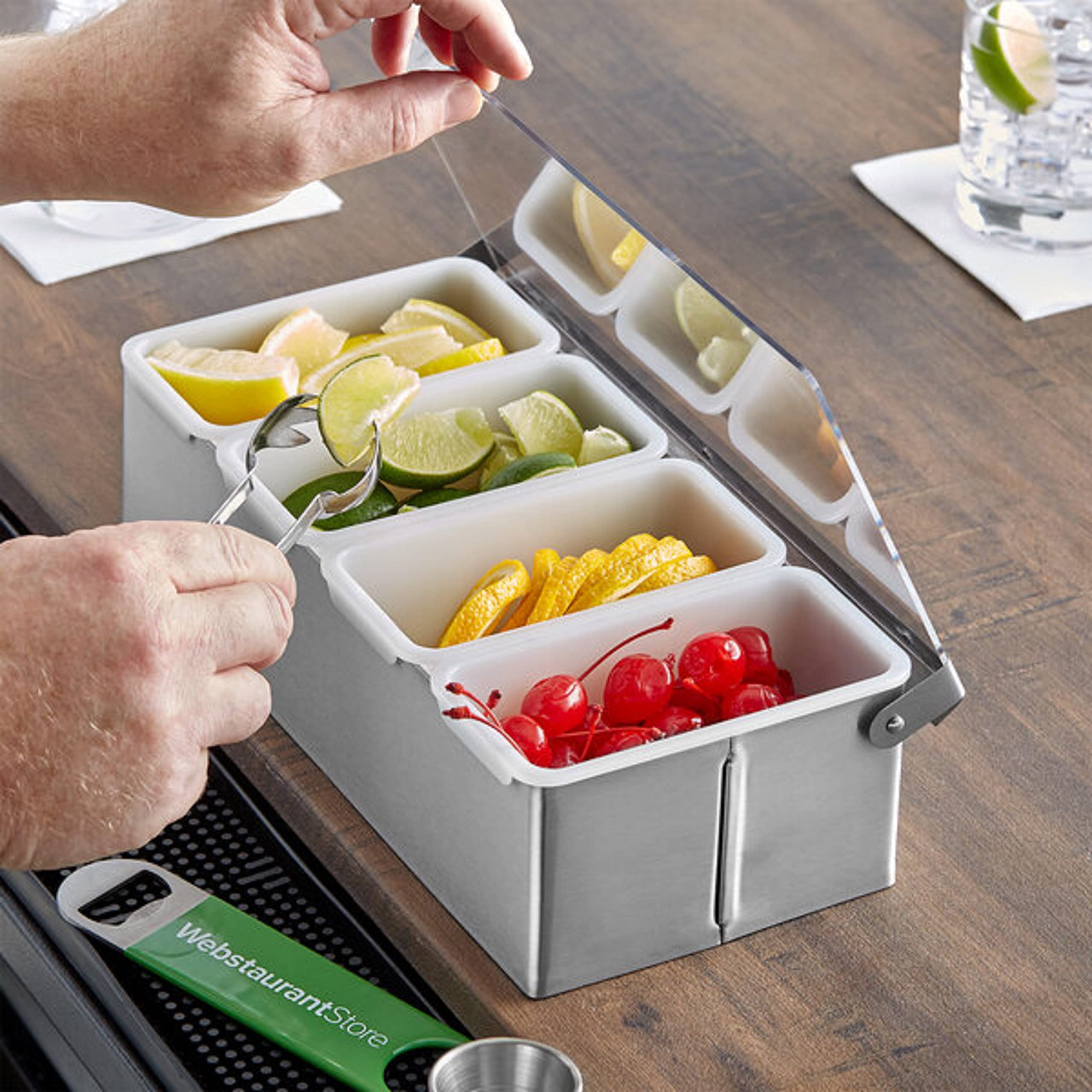 TrueCraftware 4 Compartment Condiment Dispenser Garnish Tray Bar Caddy Stainless Steel Body with Acrylic Hinged White Color Lid - Condiment Server Caddy Garnish Holder Bar Accessories Fruit Salad