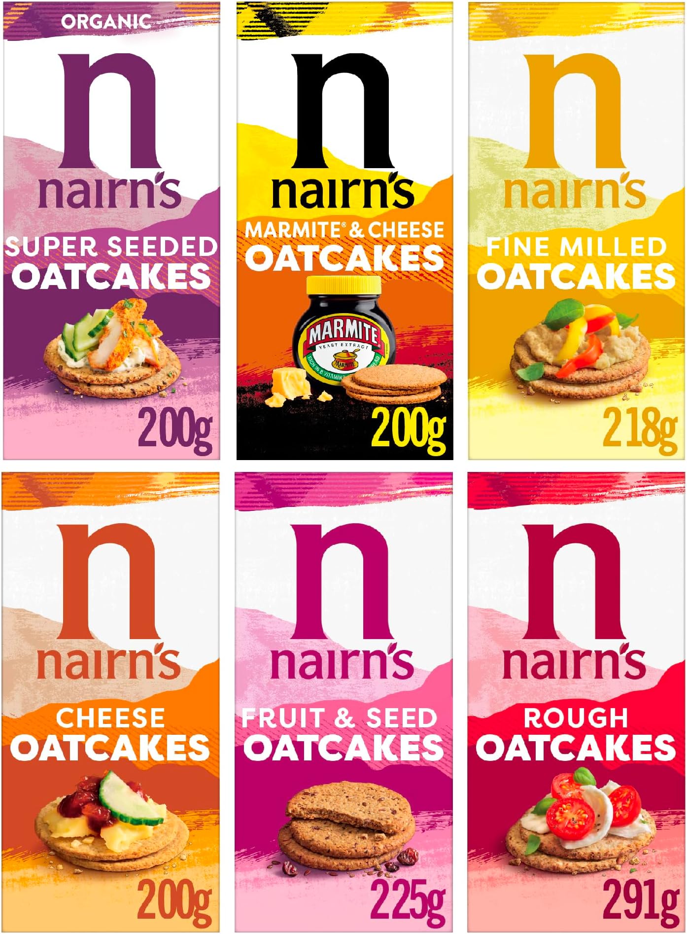Nairn's Oatcakes - Variety Pack - Wholegrain Oatcakes - High in Fibre - Assorted Flavours: Cheese, Rough, Fine Milled, Fruit & Seed, Super Seeded, Mixed Peppercorn & Sea Salt - Pack of 6