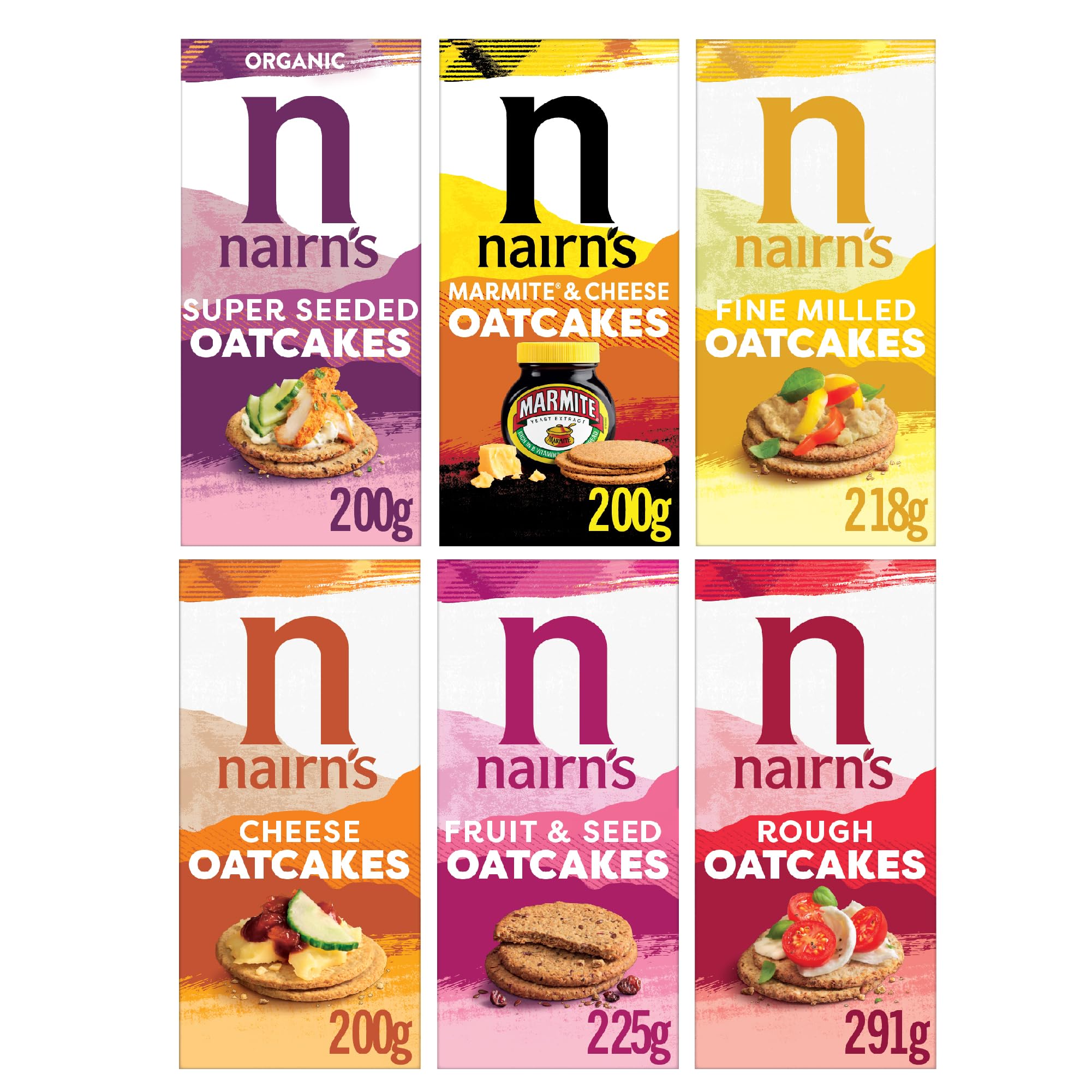 Nairn's Oatcakes - Variety Pack - Wholegrain Oatcakes - High in Fibre - Assorted Flavours: Cheese, Rough, Fine Milled, Fruit & Seed, Organic Super Seeded, Mixed Peppercorn & Sea Salt - Pack of 6