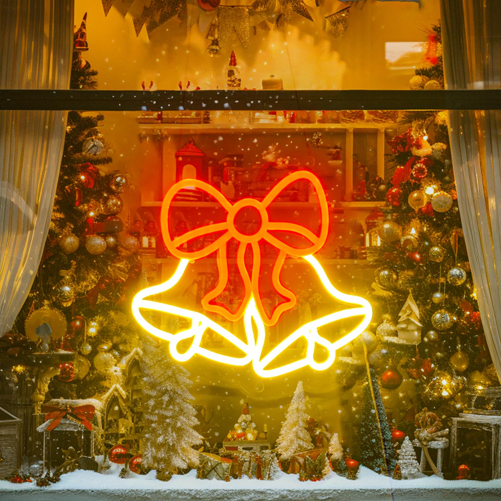 Christmas Bell Neon Sign, Jingle Bells Neon Sign for Christmas Decoration, High Bright LED Neon Sign for Xmas Tree Club Party Office Window,Battery or USB Operated, 9.9 * 7.9in