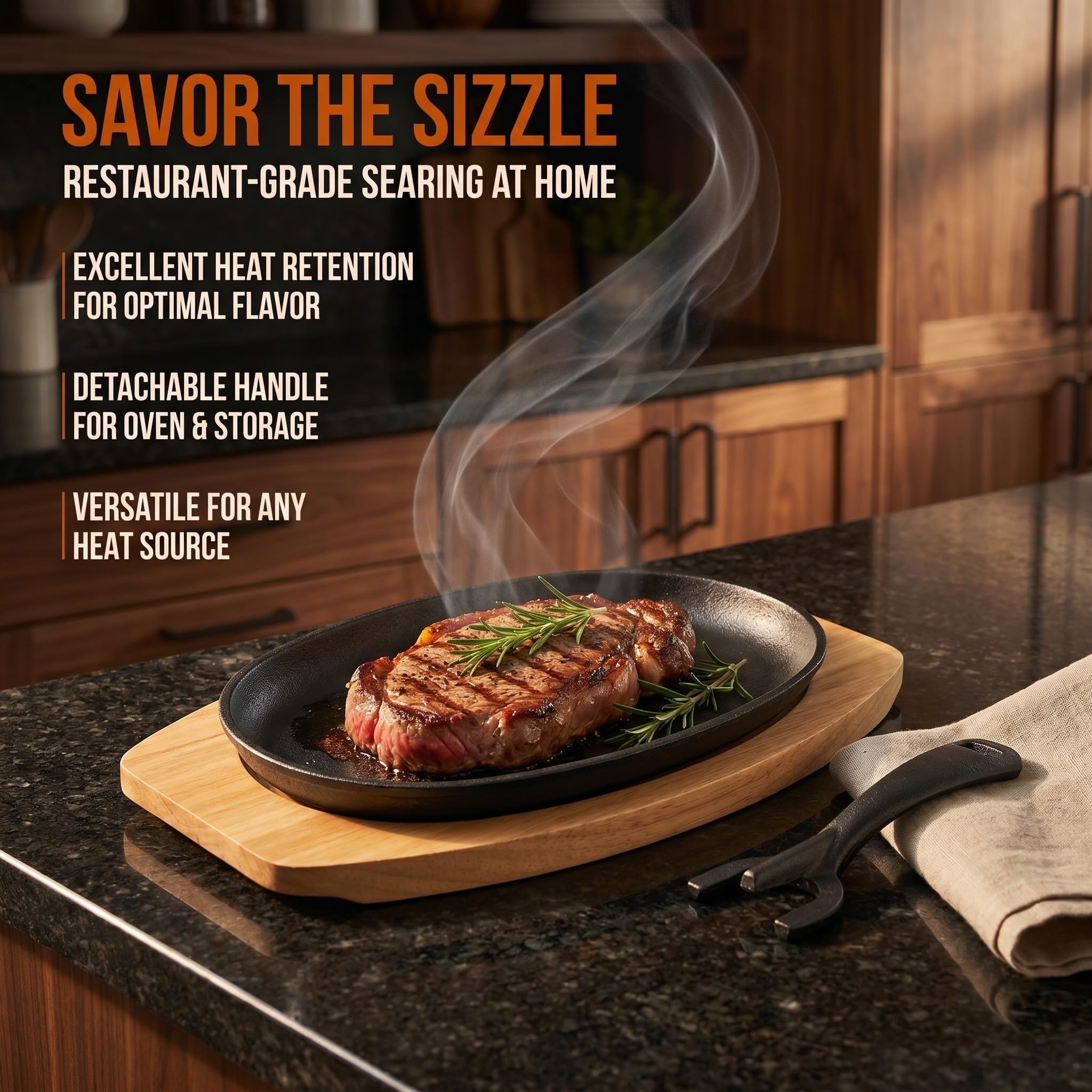 Operitacx Plaque de cuisson pour fajitas : Poêle à fajitas avec base en bois - Poêle ovale - Plaque de service et support pour teppanyaki, idéale pour les restaurants et les barbecues.