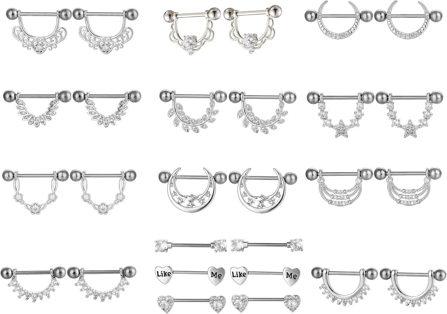 28 Pcs Nipple Rings 14Ga 16mm Surgical Stainless Steel Zircon Copper Piercing Jewelry Tongue Rings Straight Barbells Length Heart Shape
