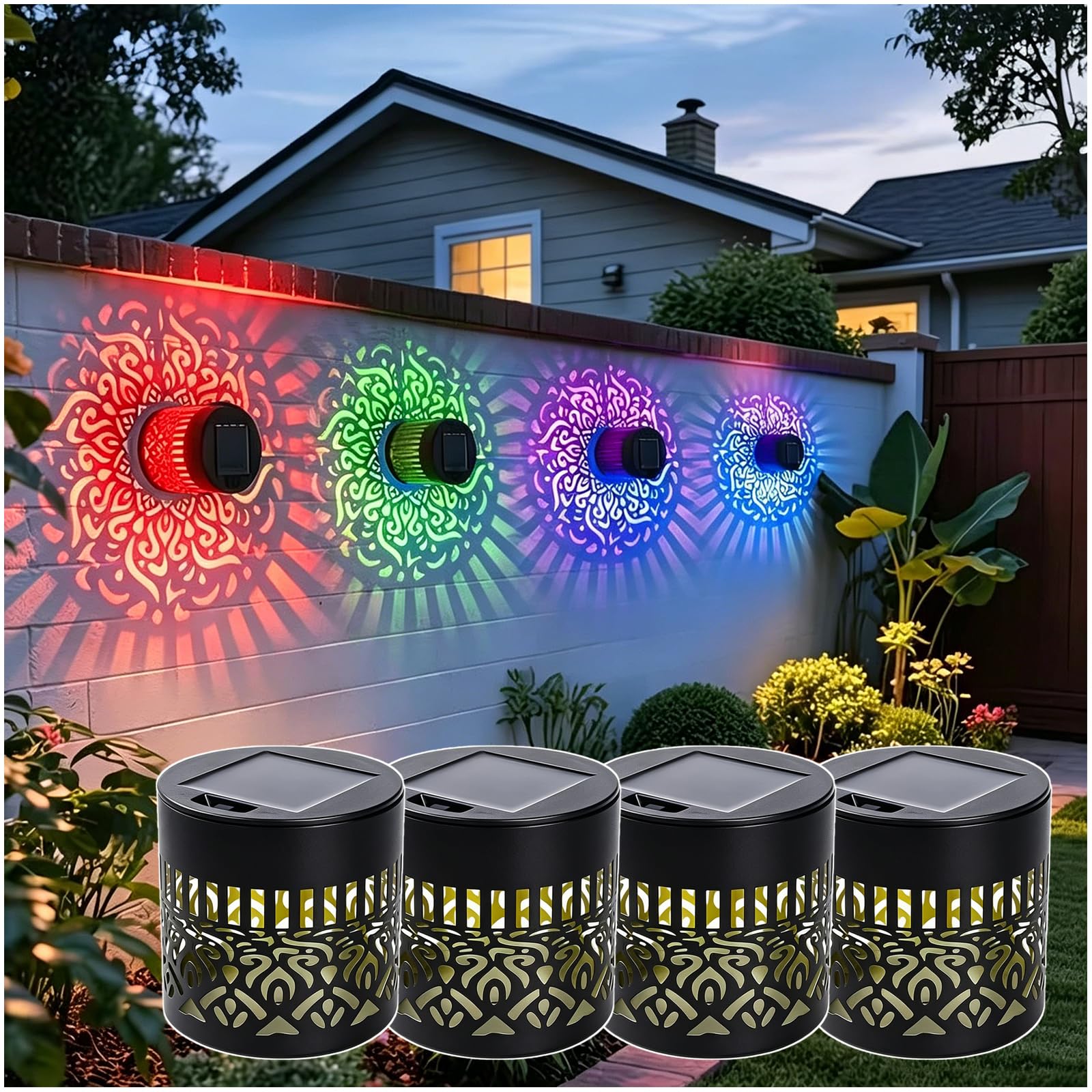 Solar Mandala Gartenleuchte Kabellos,Projektionslampe Mit Farbwechsel | Wasserdichte,Durchbrochene Eisenleuchte,Dekorative Beleuchtung FüR Gartenwege,Wandmontage,Stimmungsvolles Abendlicht